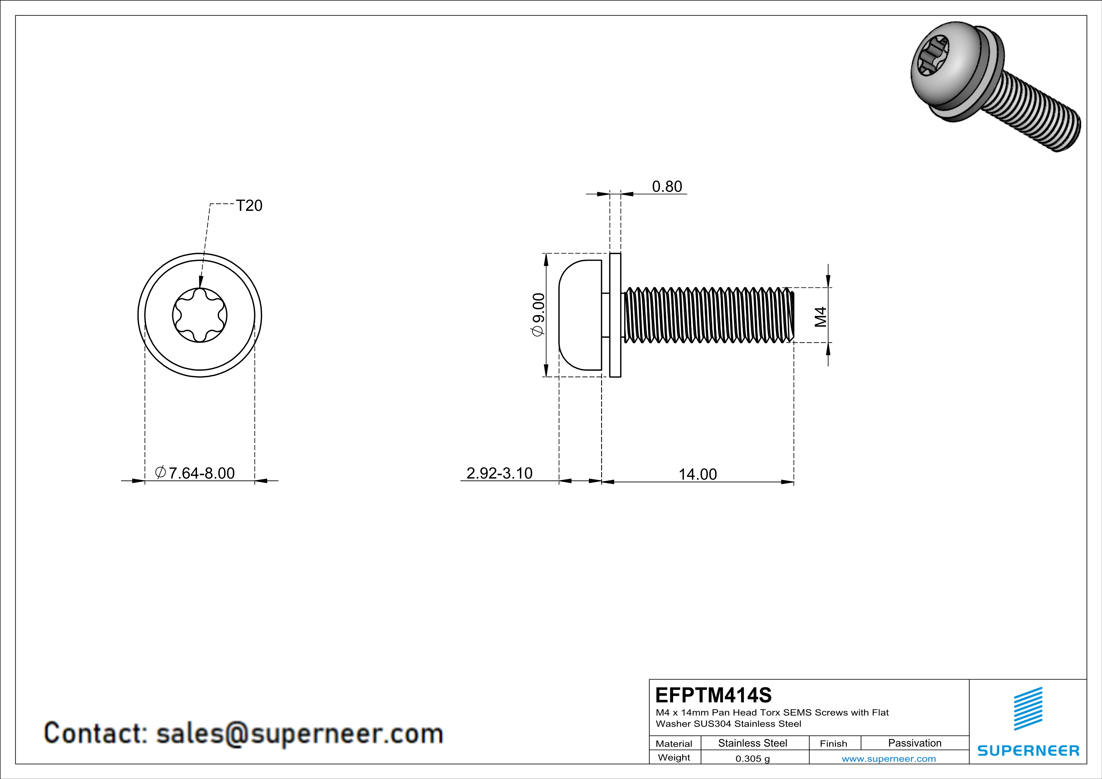 M4 x 14mm Pan Head Torx SEMS Screws with Flat Washer SUS304 Stainless Steel Inox