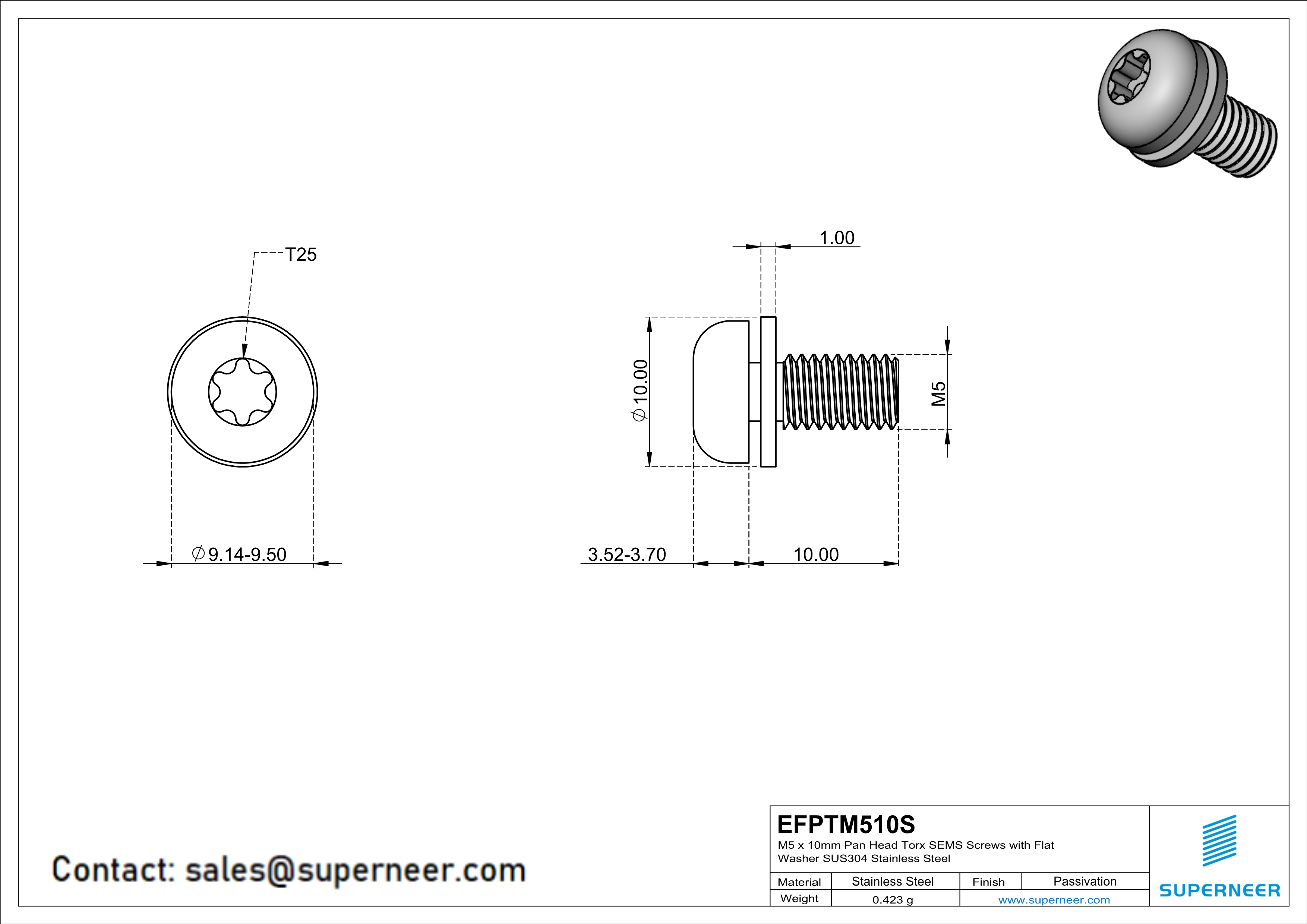 M5 x 10mm Pan Head Torx SEMS Screws with Flat Washer SUS304 Stainless Steel Inox