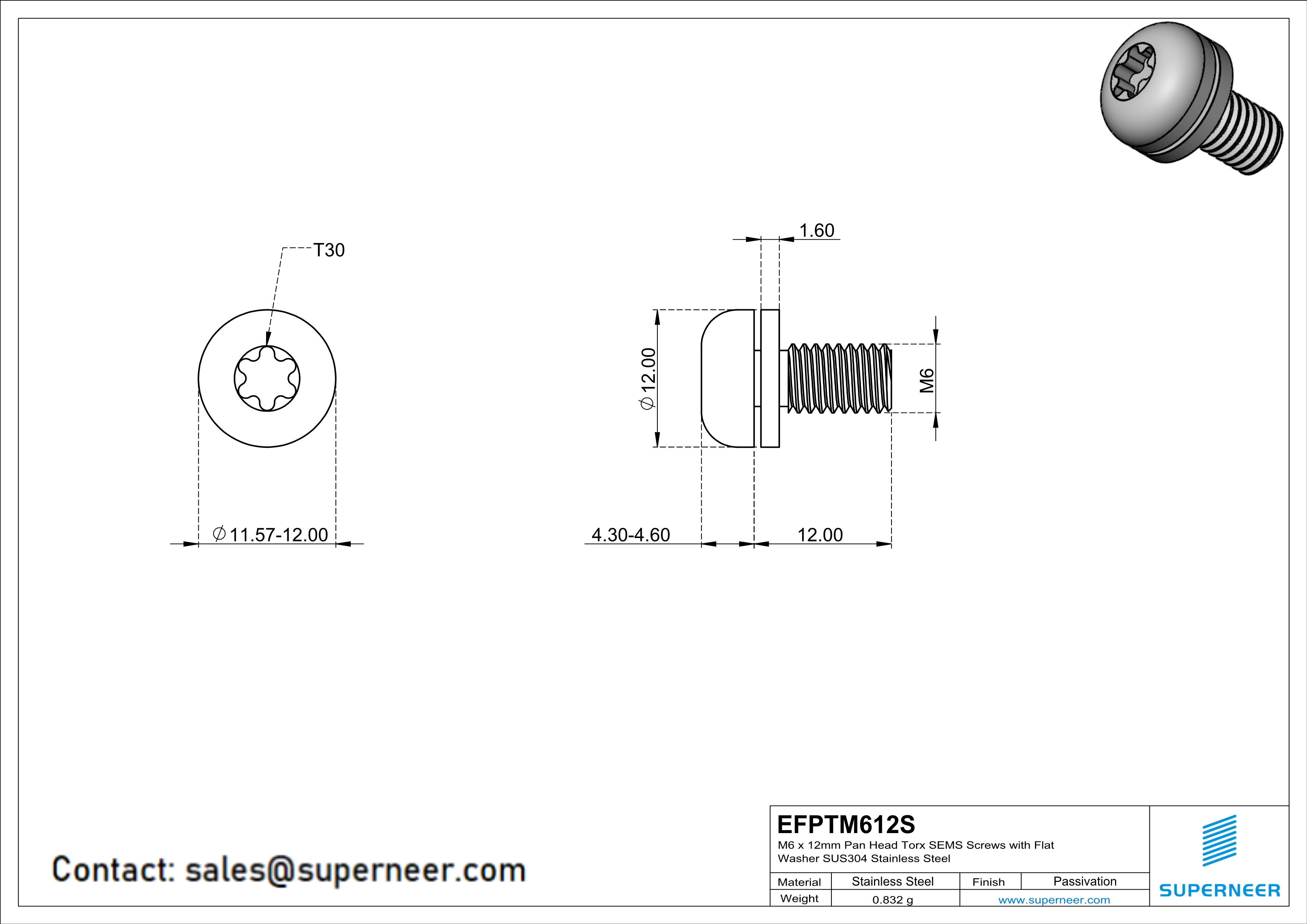 M6 x 12mm Pan Head Torx SEMS Screws with Flat Washer SUS304 Stainless Steel Inox