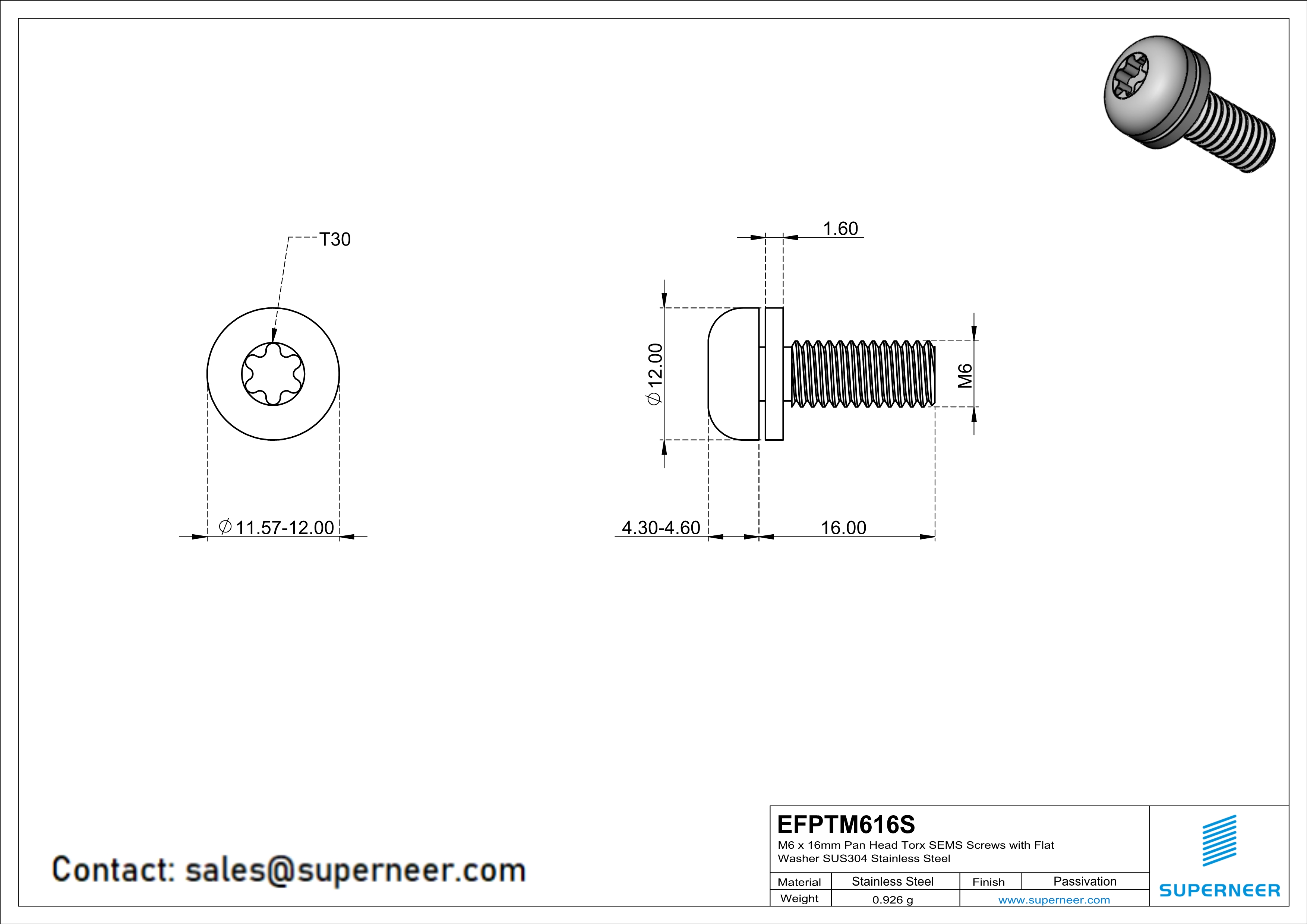 M6 x 14mm Pan Head Torx SEMS Screws with Flat Washer SUS304 Stainless Steel Inox