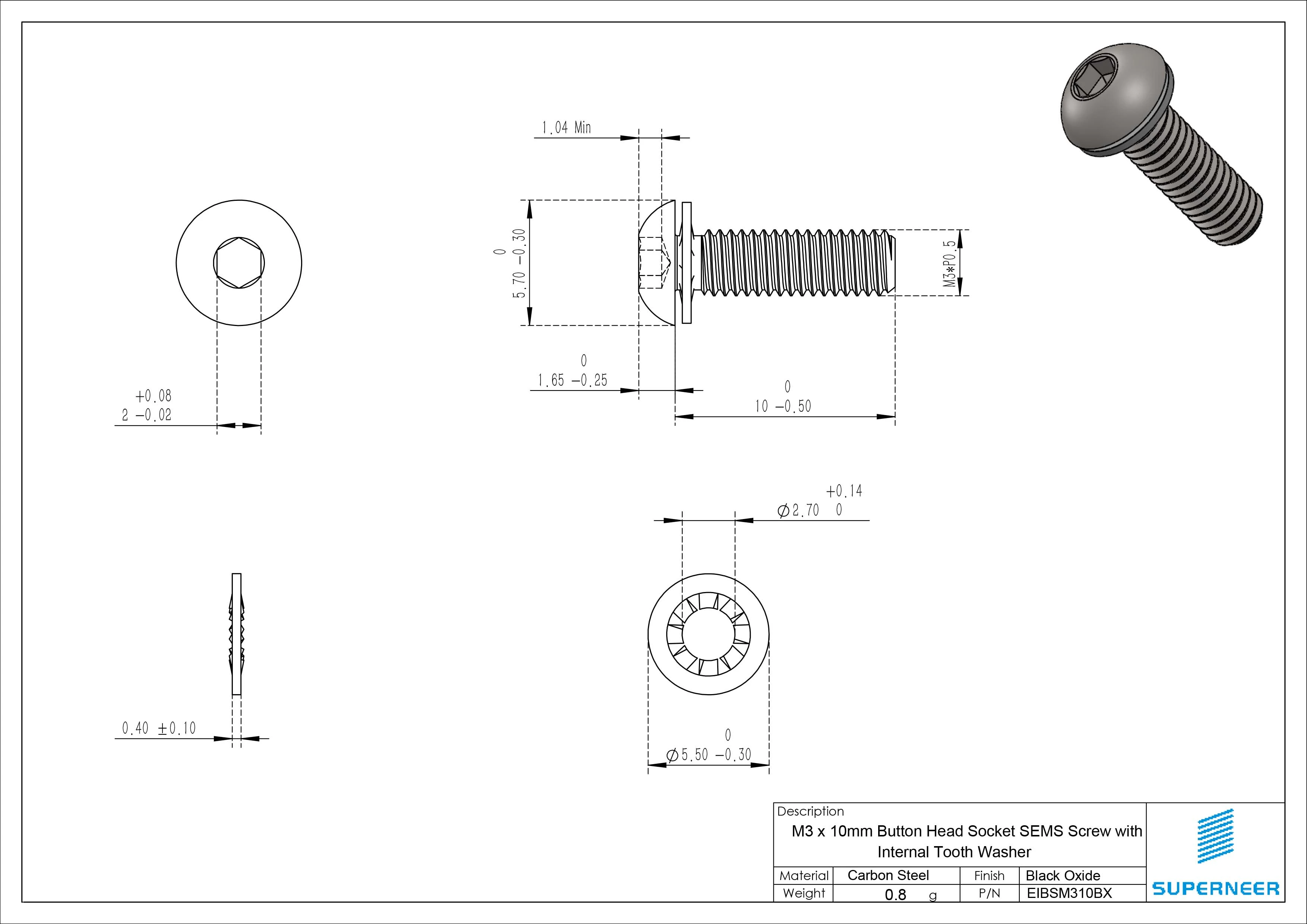 M3 x 10 mm Button Head Socket SEMS Screw with Internal Tooth Washer Steel Black Oxide