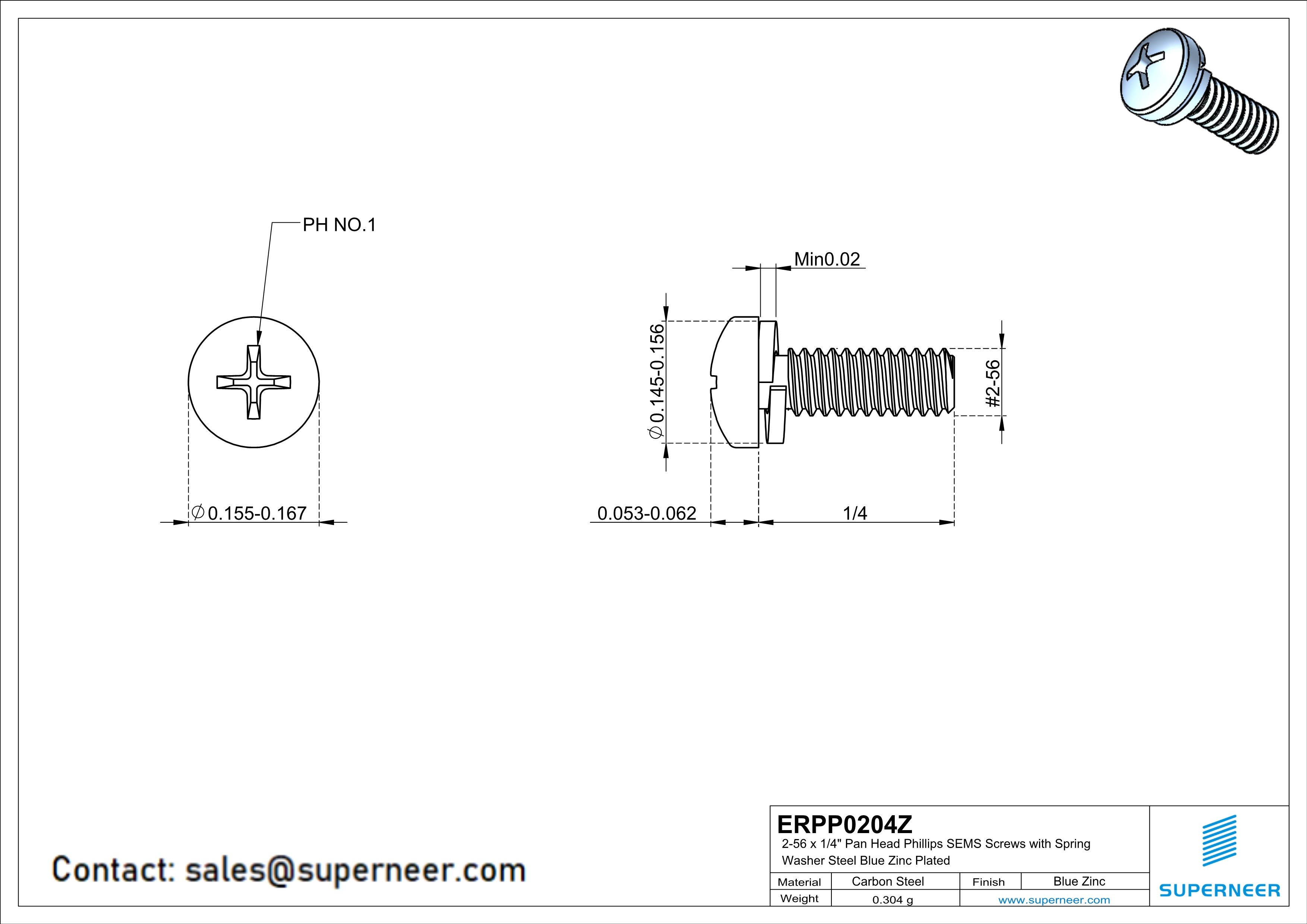 2-56 x 1/4" Pan Head Phillips SEMS Screws with Spring Washer Steel Blue Zinc Plated