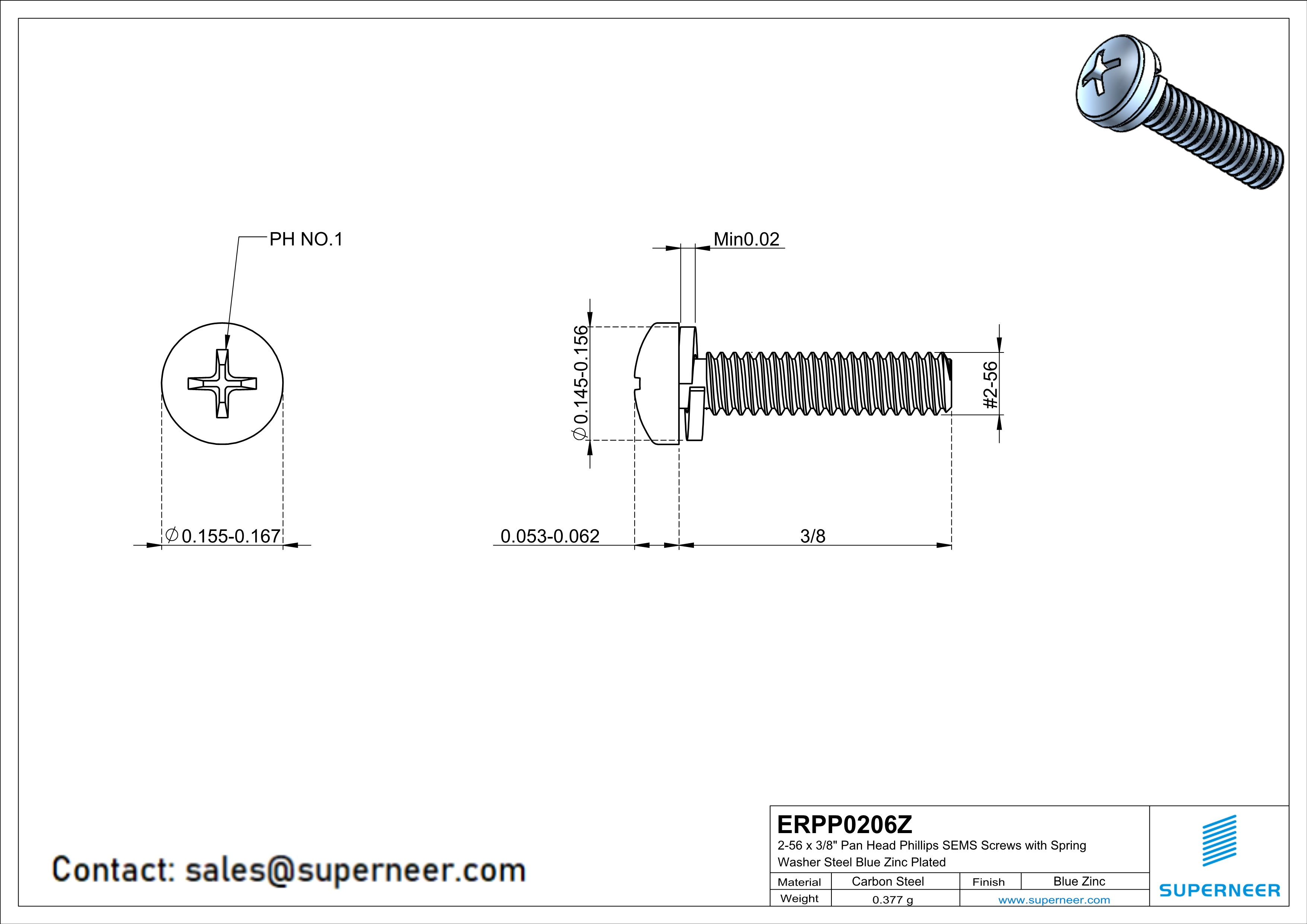 2-56 x 3/8" Pan Head Phillips SEMS Screws with Spring Washer Steel Blue Zinc Plated