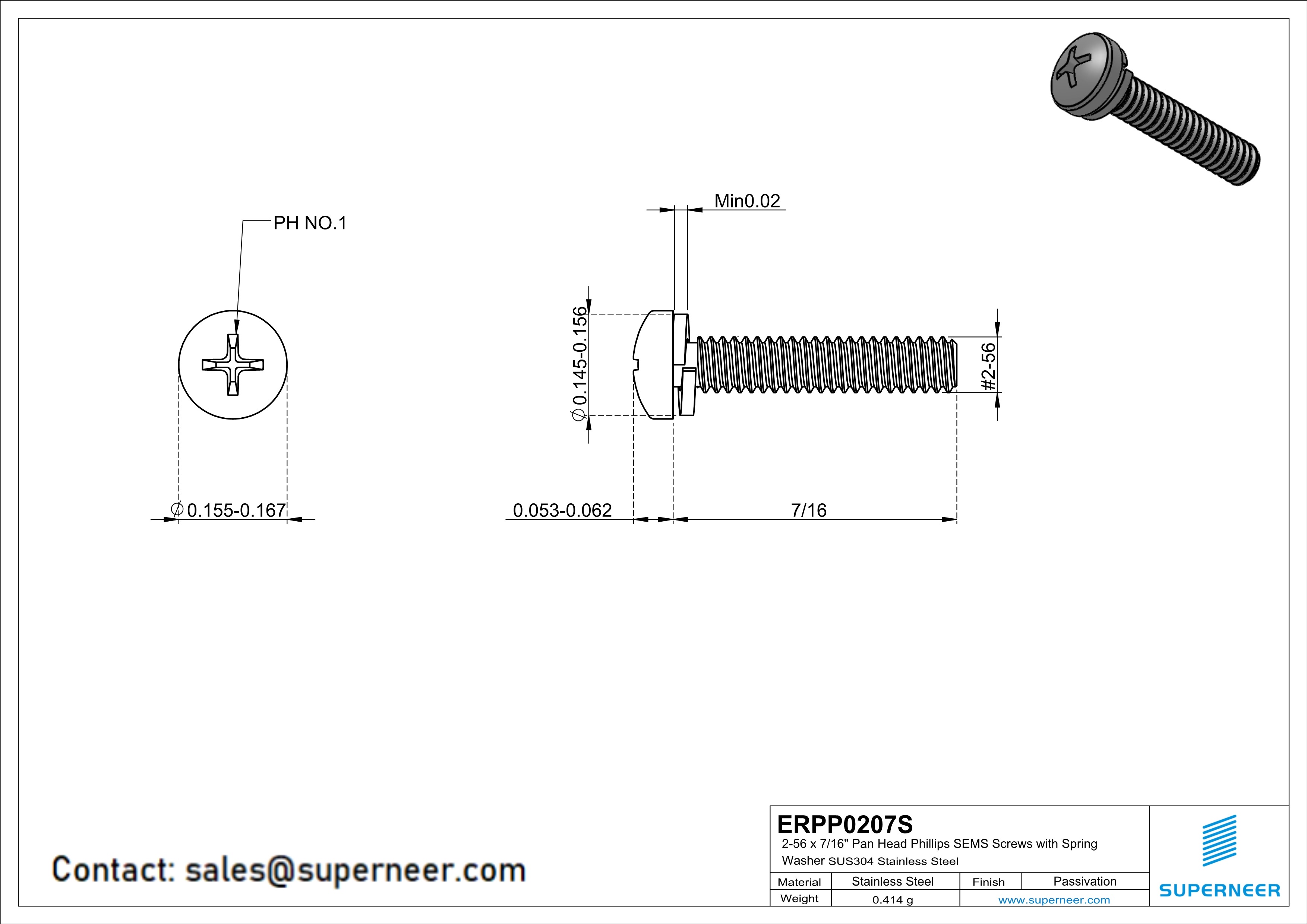 2-56 x 7/16" Pan Head Phillips SEMS Screws with Spring Washer SUS304 Stainless Steel Inox