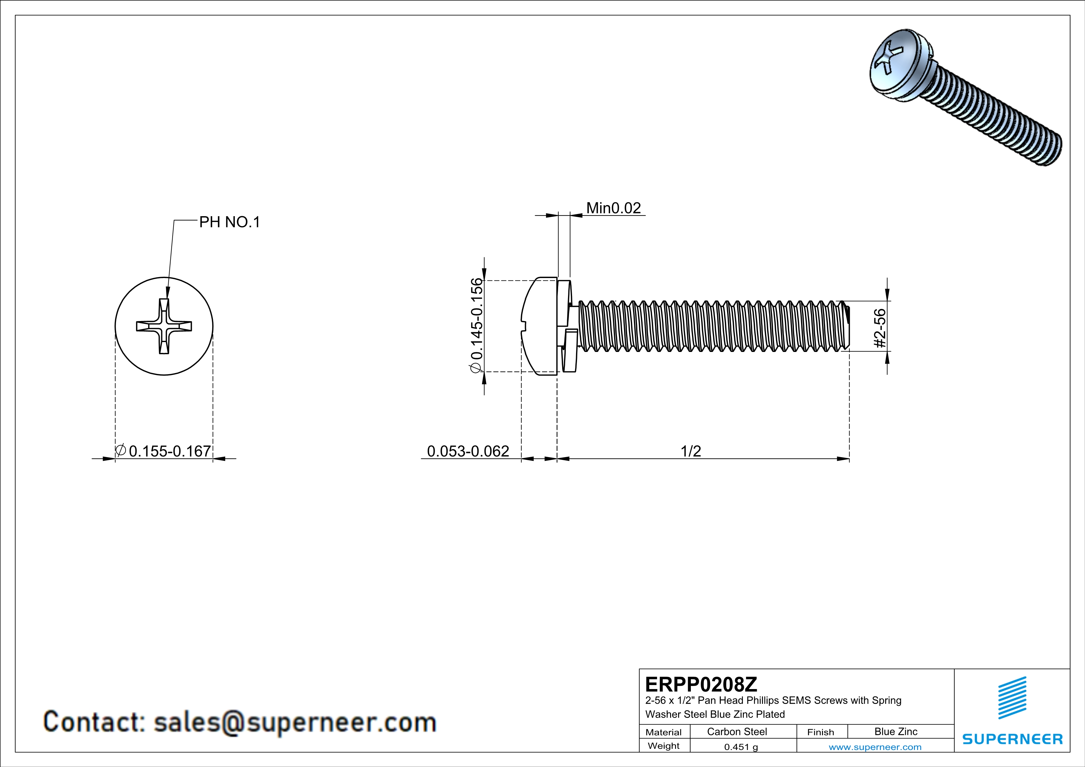 2-56 x 1/2" Pan Head Phillips SEMS Screws with Spring Washer Steel Blue Zinc Plated