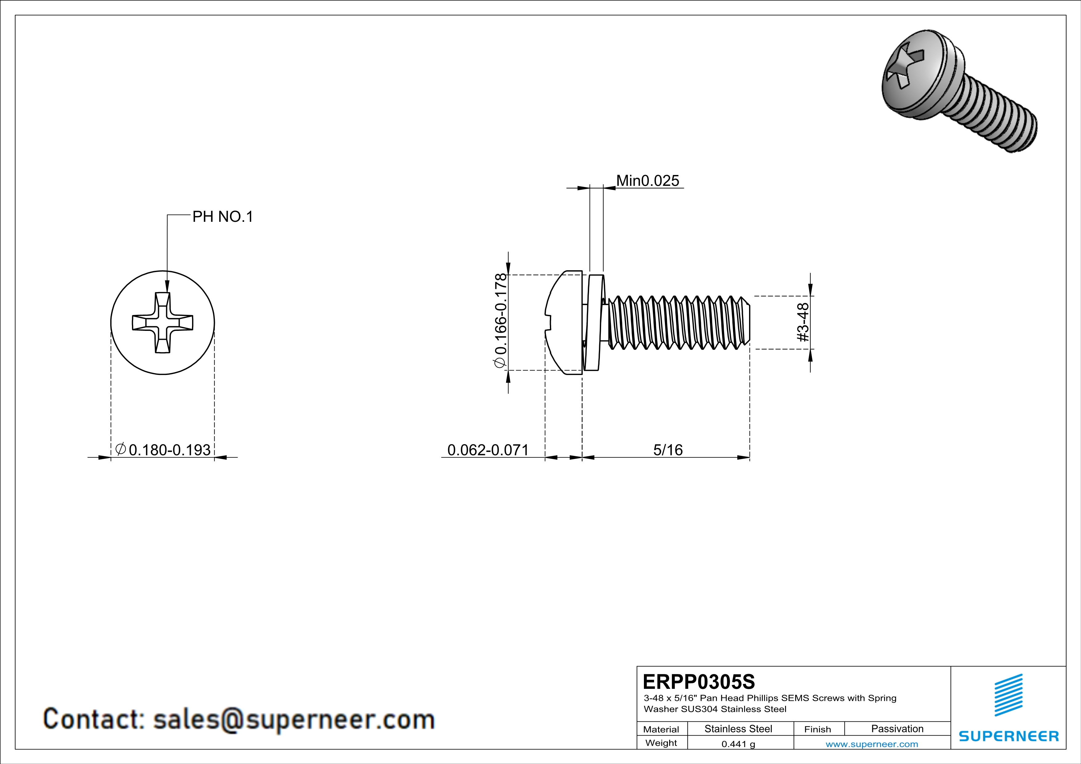 3-48 x 5/16" Pan Head Phillips SEMS Screws with Spring Washer SUS304 Stainless Steel Inox