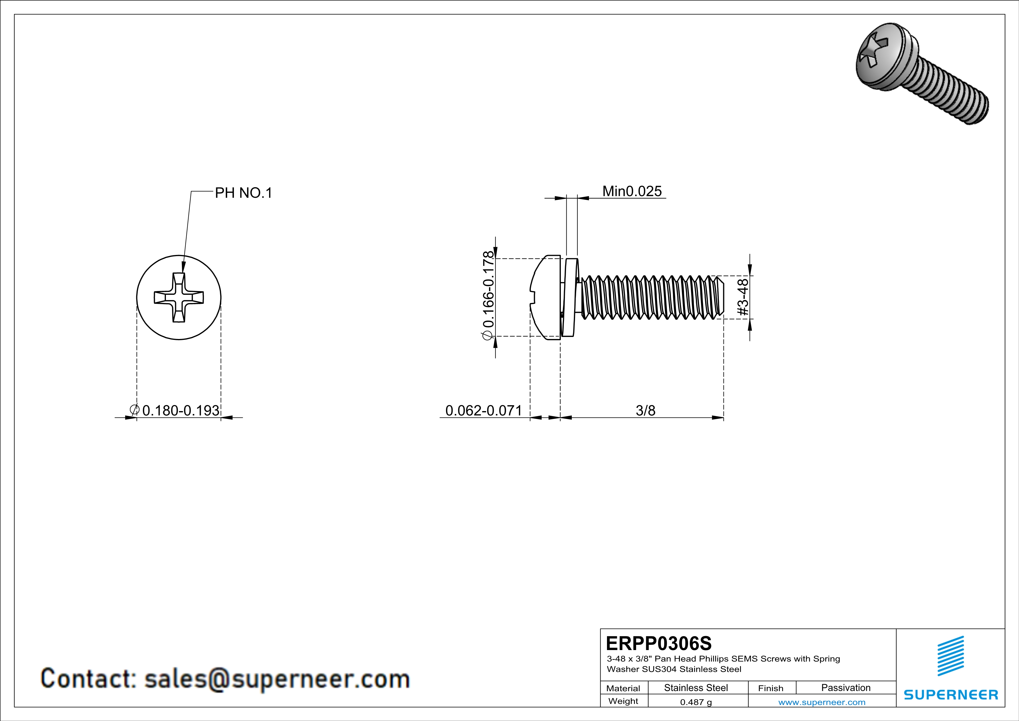 3-48 x 3/8" Pan Head Phillips SEMS Screws with Spring Washer SUS304 Stainless Steel Inox