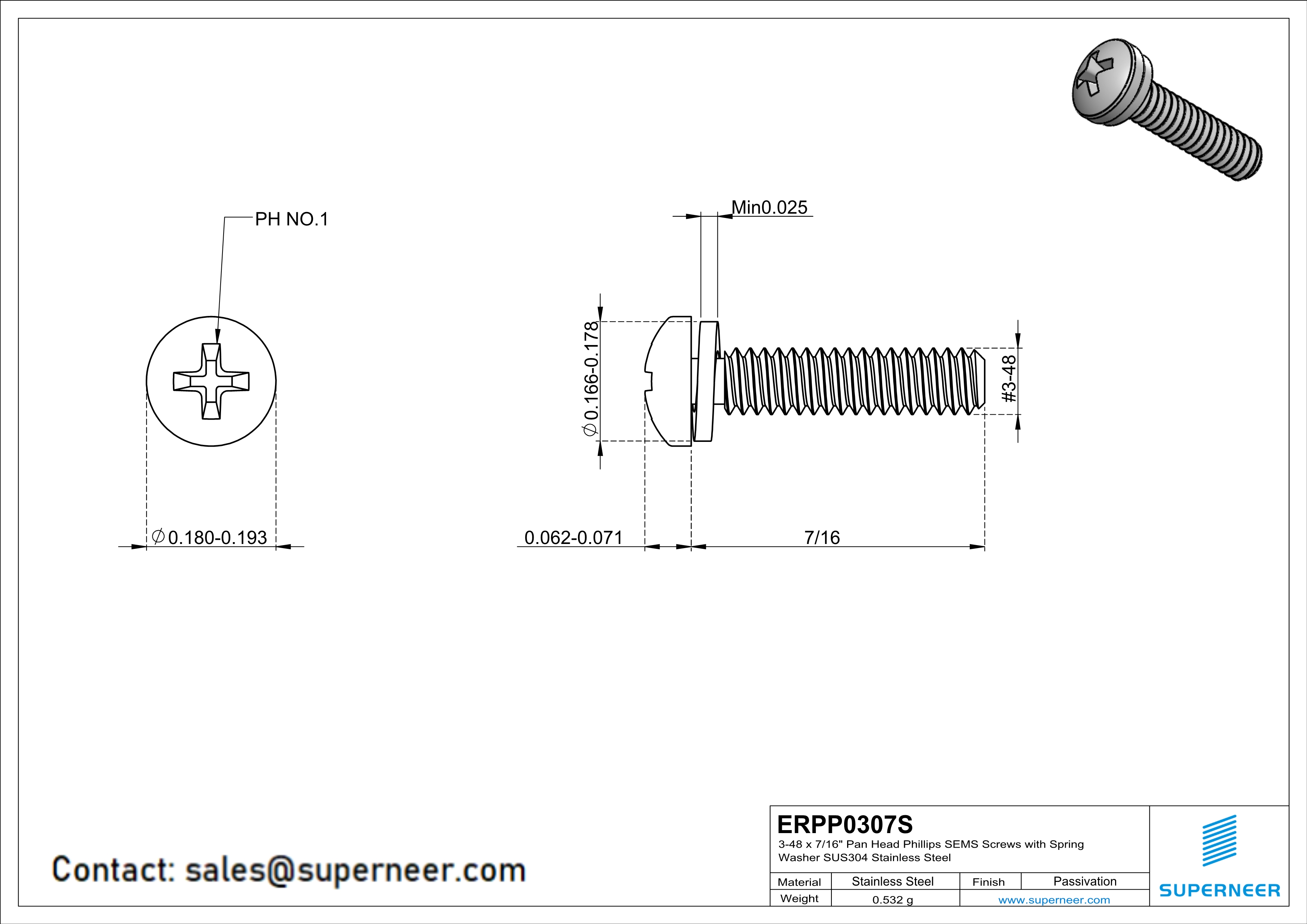 3-48 x 7/16" Pan Head Phillips SEMS Screws with Spring Washer SUS304 Stainless Steel Inox