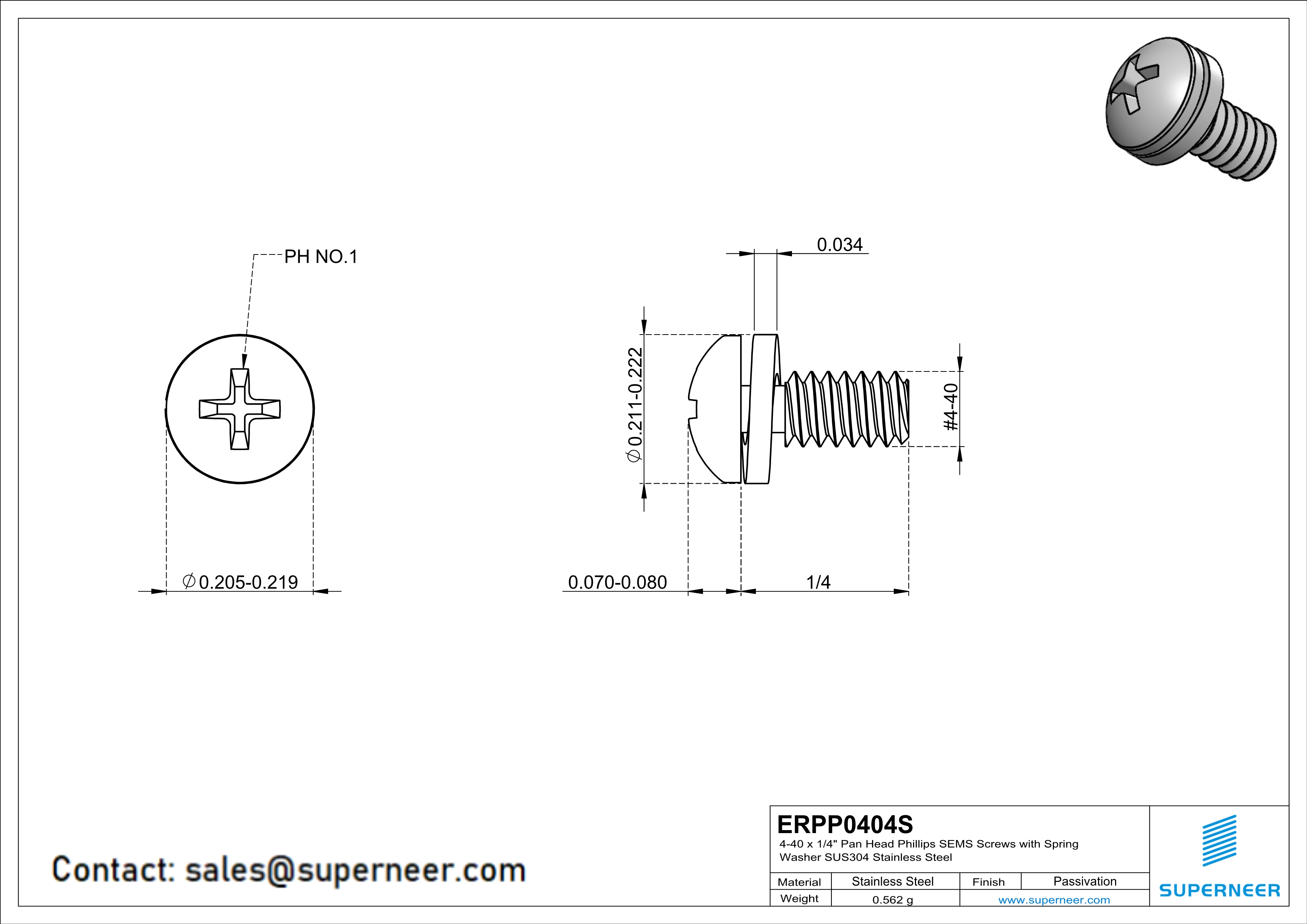 4-40 x 1/4" Pan Head Phillips SEMS Screws with Spring Washer SUS304 Stainless Steel Inox