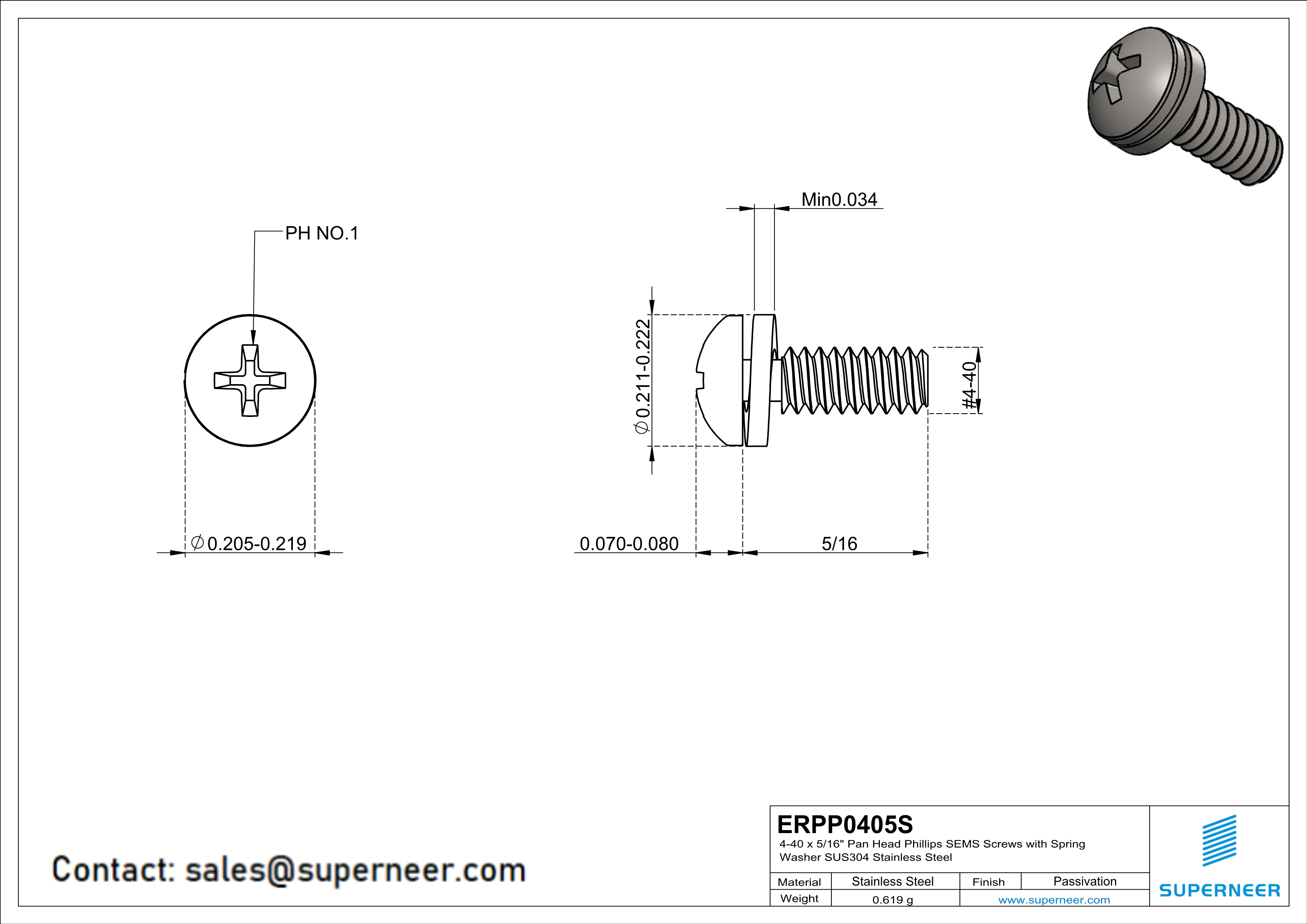 4-40 x 5/16" Pan Head Phillips SEMS Screws with Spring Washer SUS304 Stainless Steel Inox