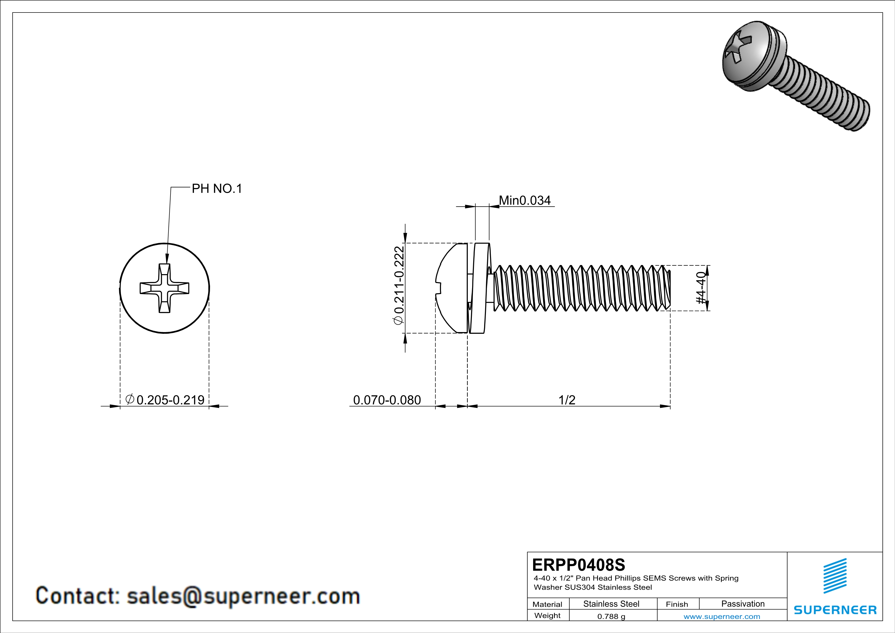 4-40 x 1/2" Pan Head Phillips SEMS Screws with Spring Washer SUS304 Stainless Steel Inox