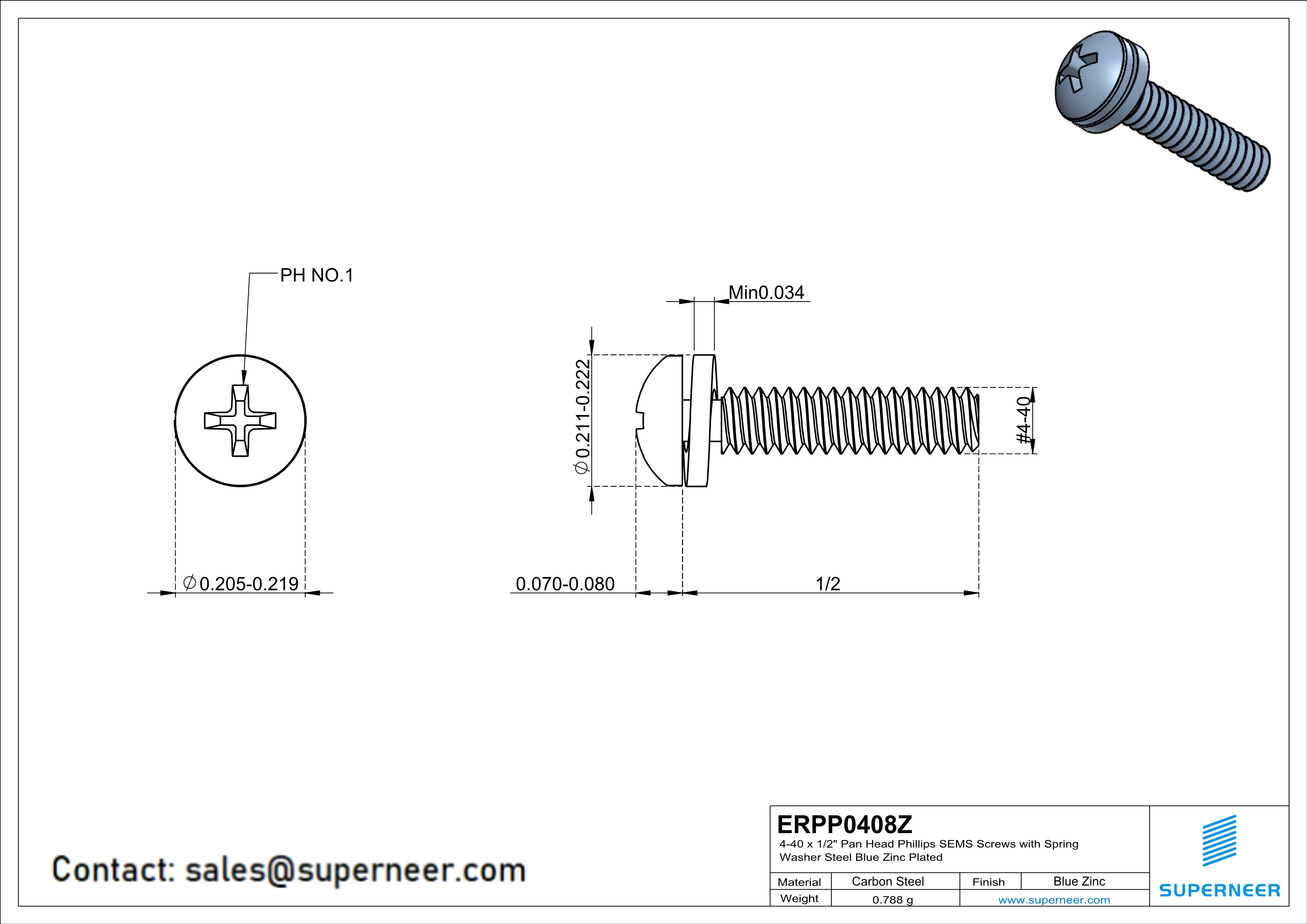 4-40 x 1/2" Pan Head Phillips SEMS Screws with Spring Washer Steel Blue Zinc Plated