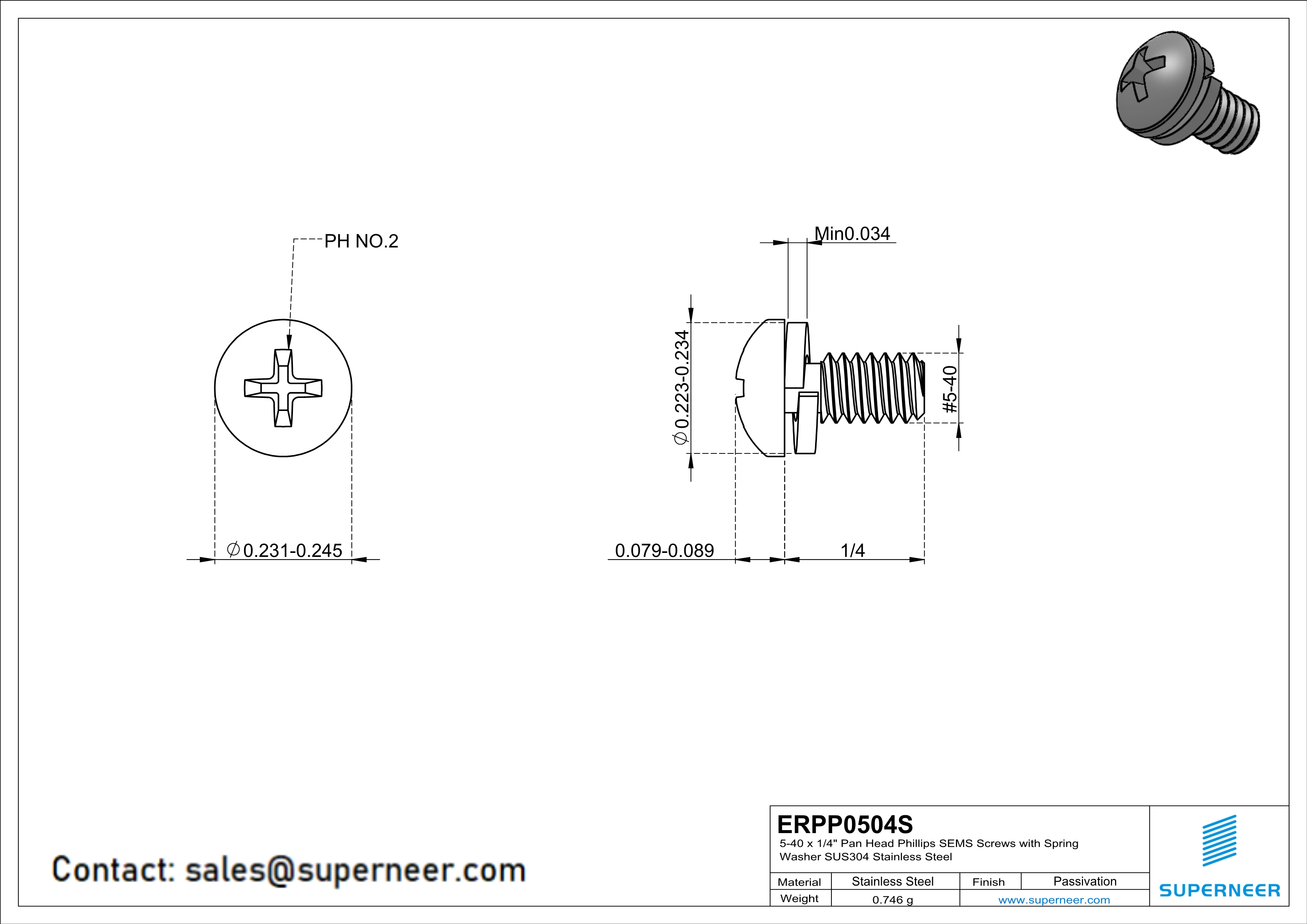 5-40 x 1/4" Pan Head Phillips SEMS Screws with Spring Washer SUS304 Stainless Steel Inox