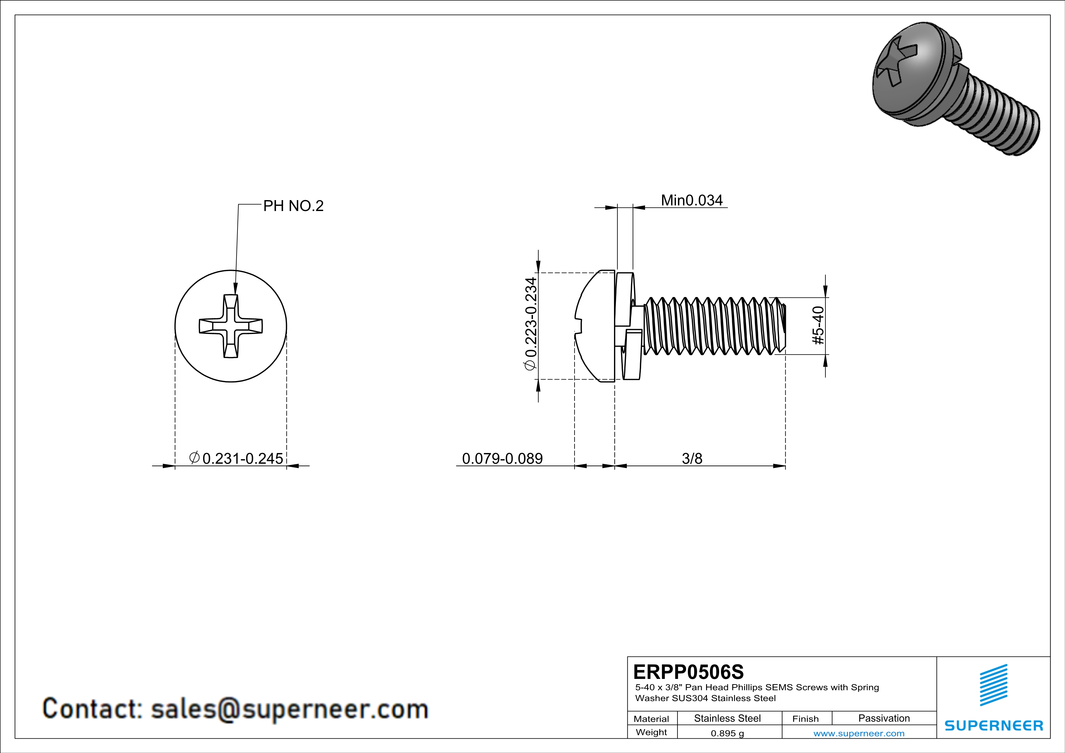 5-40 x 3/8" Pan Head Phillips SEMS Screws with Spring Washer SUS304 Stainless Steel Inox