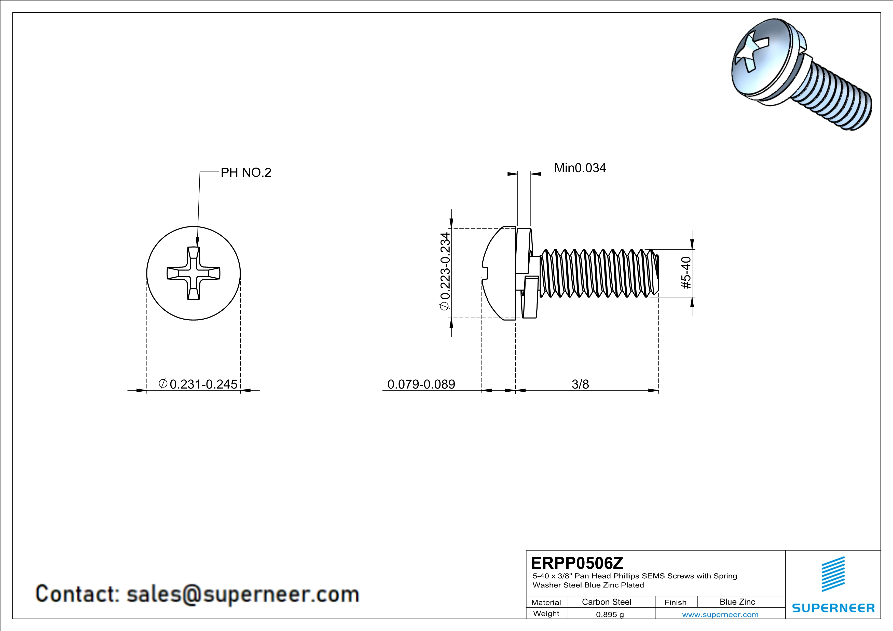 5-40 x 3/8" Pan Head Phillips SEMS Screws with Spring Washer Steel Blue Zinc Plated