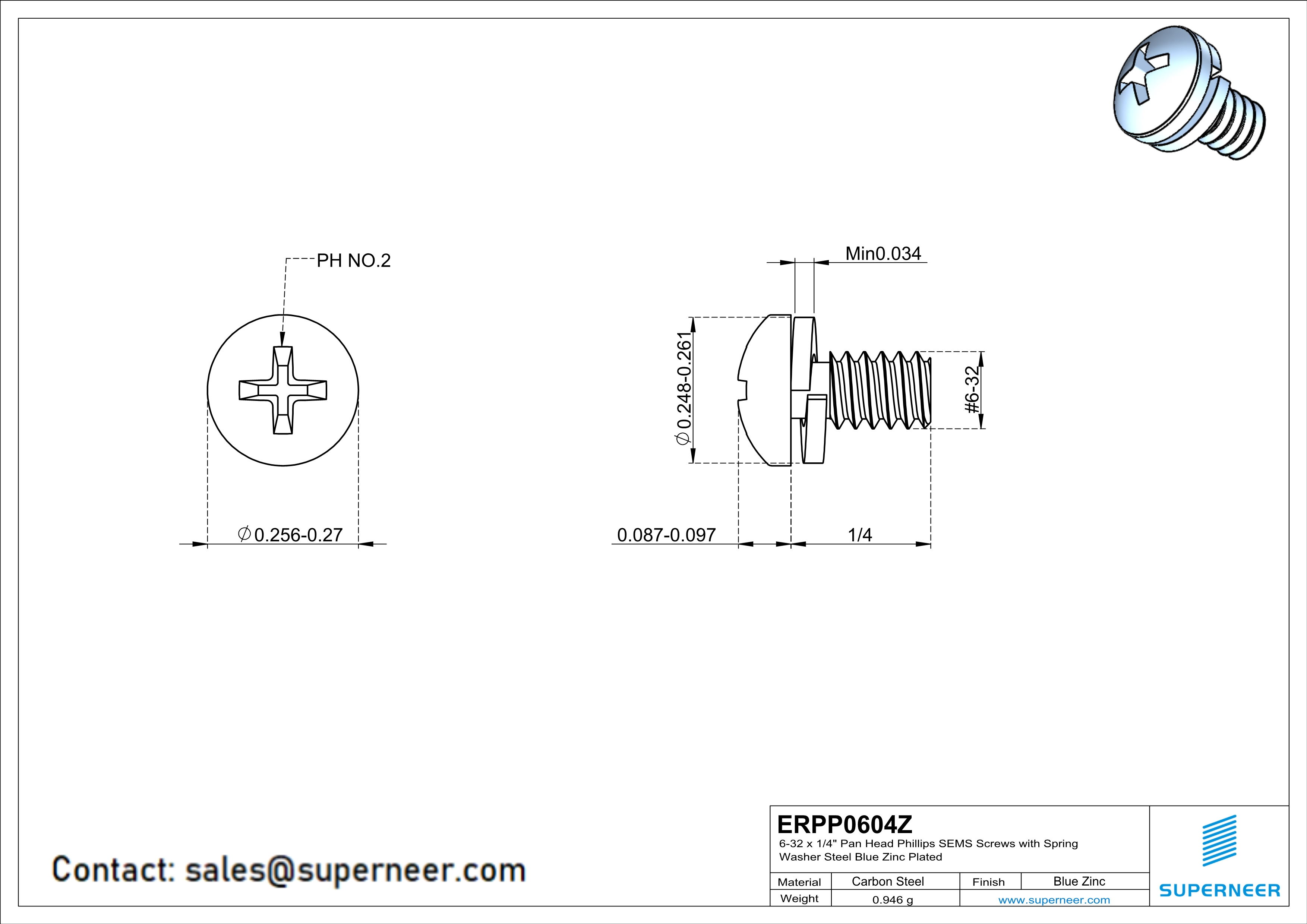 6-32 x 1/4" Pan Head Phillips SEMS Screws with Spring Washer Steel Blue Zinc Plated