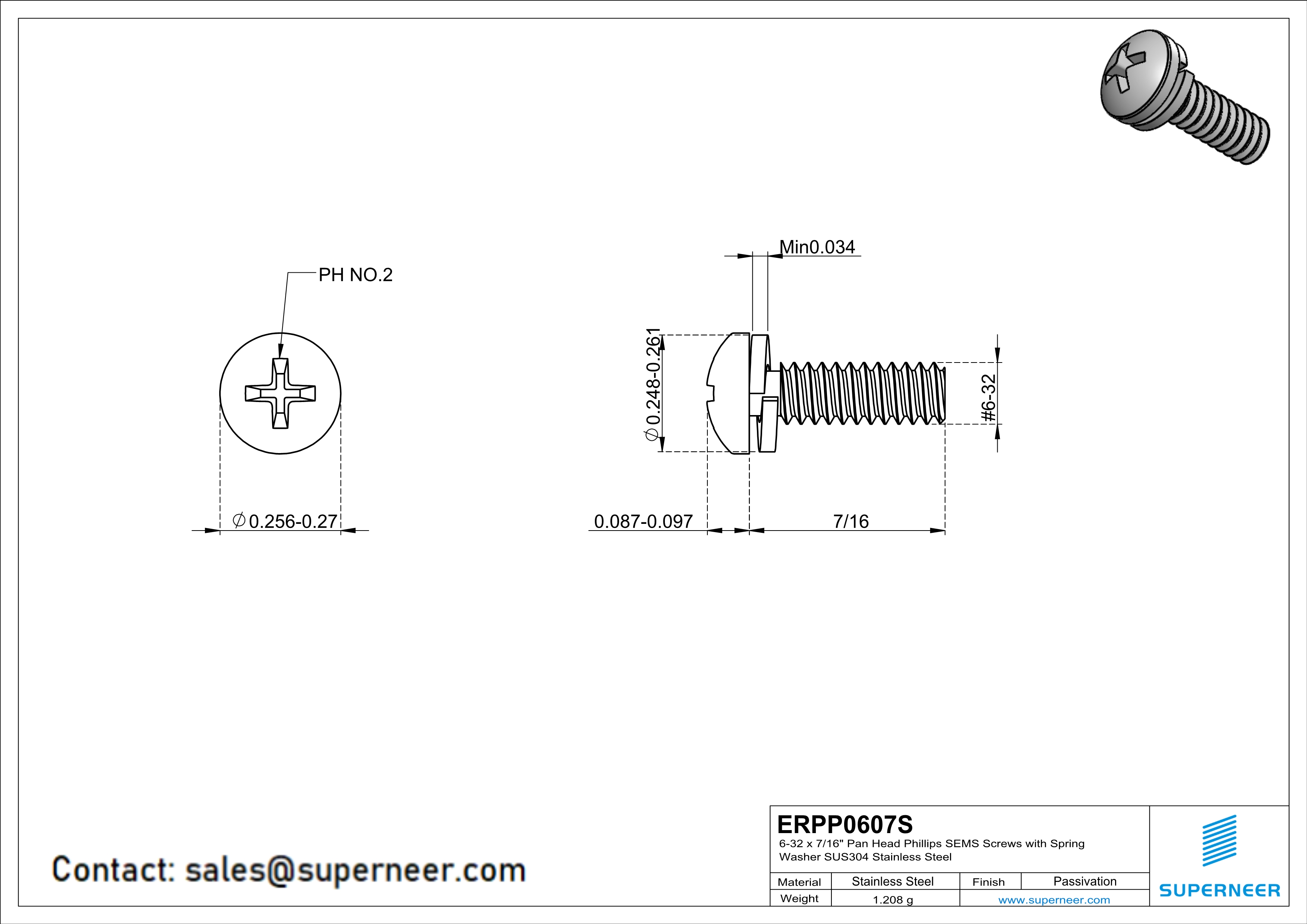 6-32 x 7/16" Pan Head Phillips SEMS Screws with Spring Washer SUS304 Stainless Steel Inox