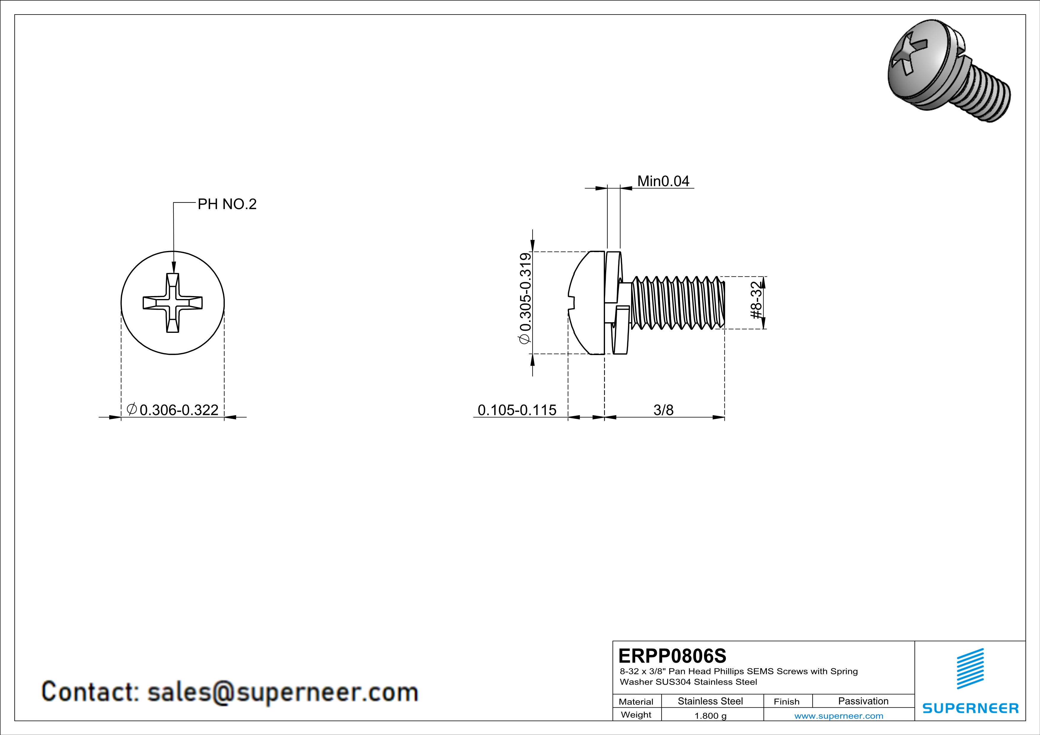 8-32 x 3/8" Pan Head Phillips SEMS Screws with Spring Washer SUS304 Stainless Steel Inox