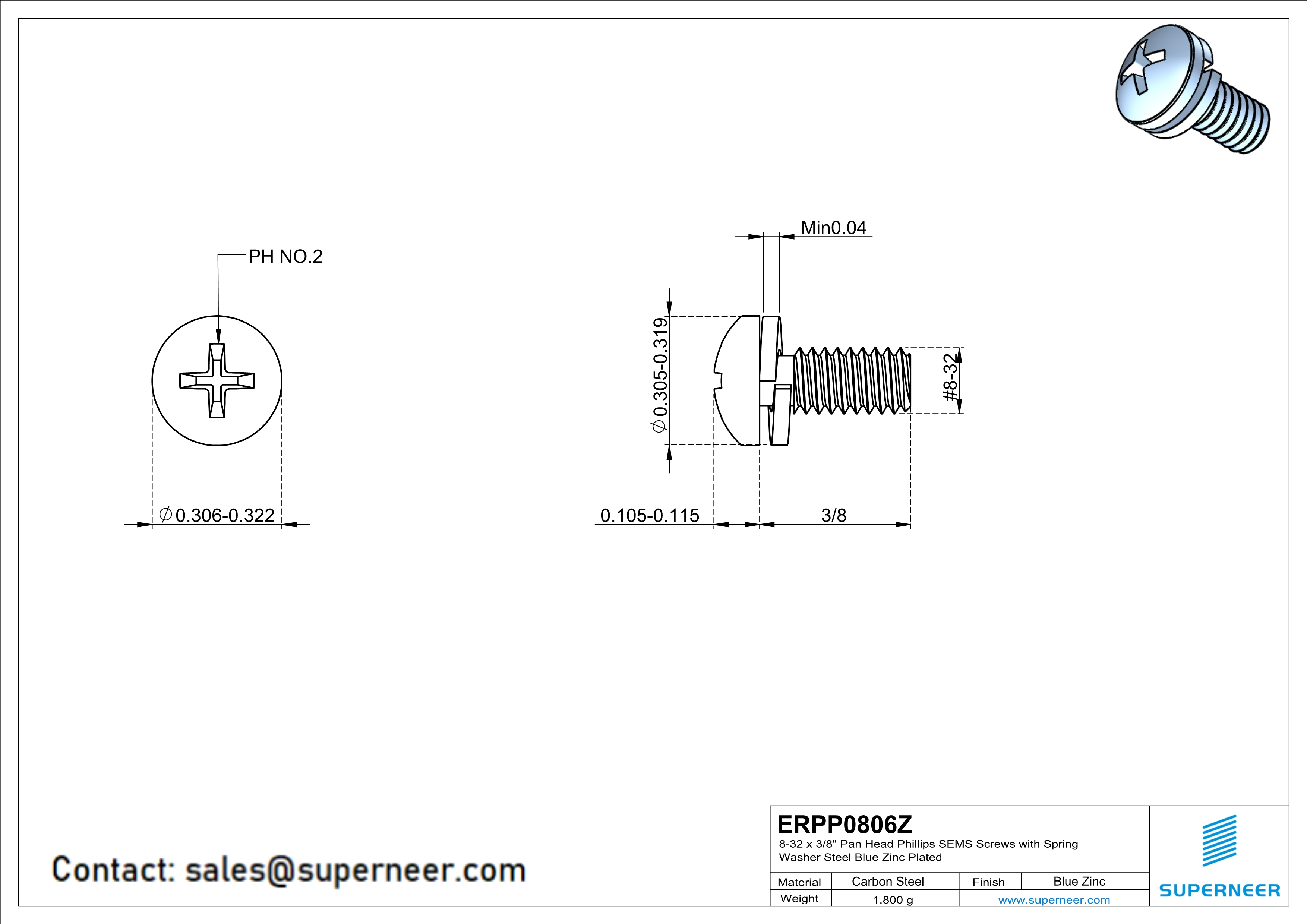 8-32 x 3/8" Pan Head Phillips SEMS Screws with Spring Washer Steel Blue Zinc Plated