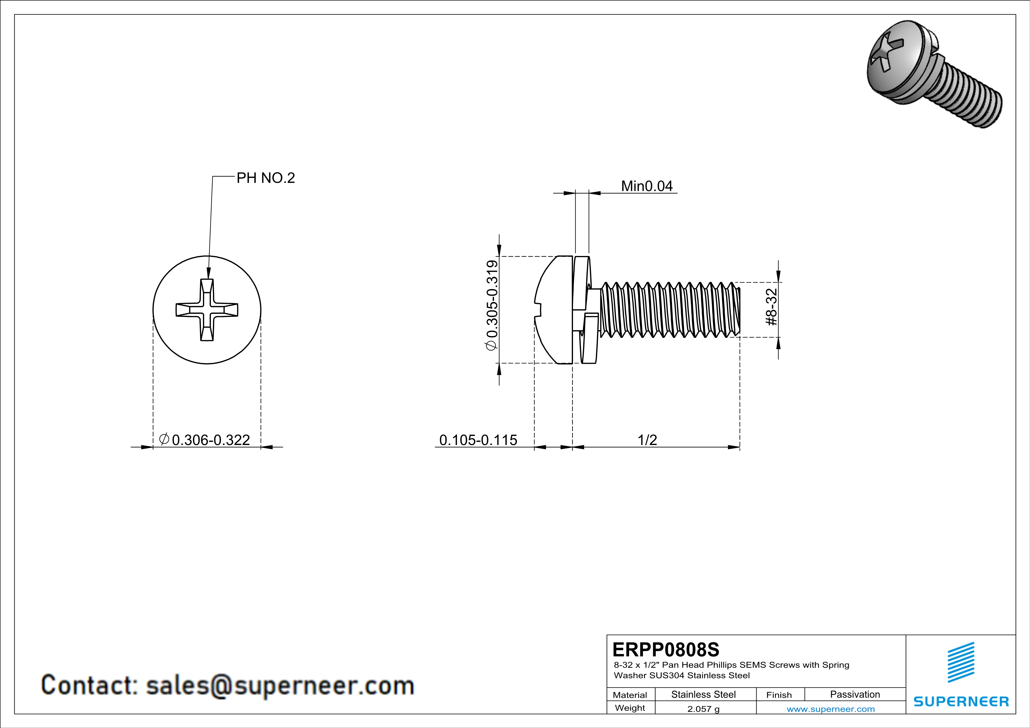 8-32 x 1/2" Pan Head Phillips SEMS Screws with Spring Washer SUS304 Stainless Steel Inox