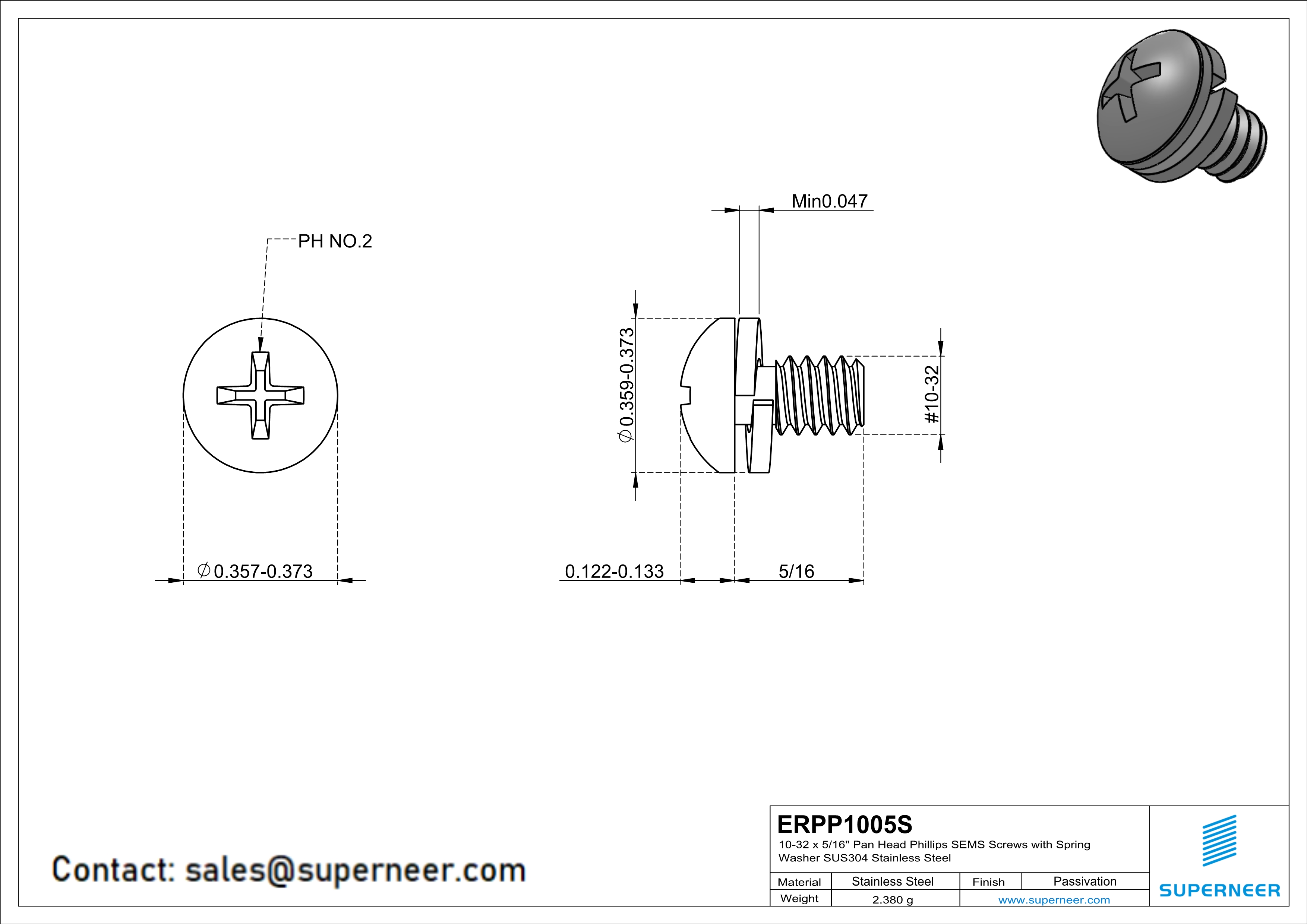 10-32 x 5/16" Pan Head Phillips SEMS Screws with Spring Washer SUS304 Stainless Steel Inox