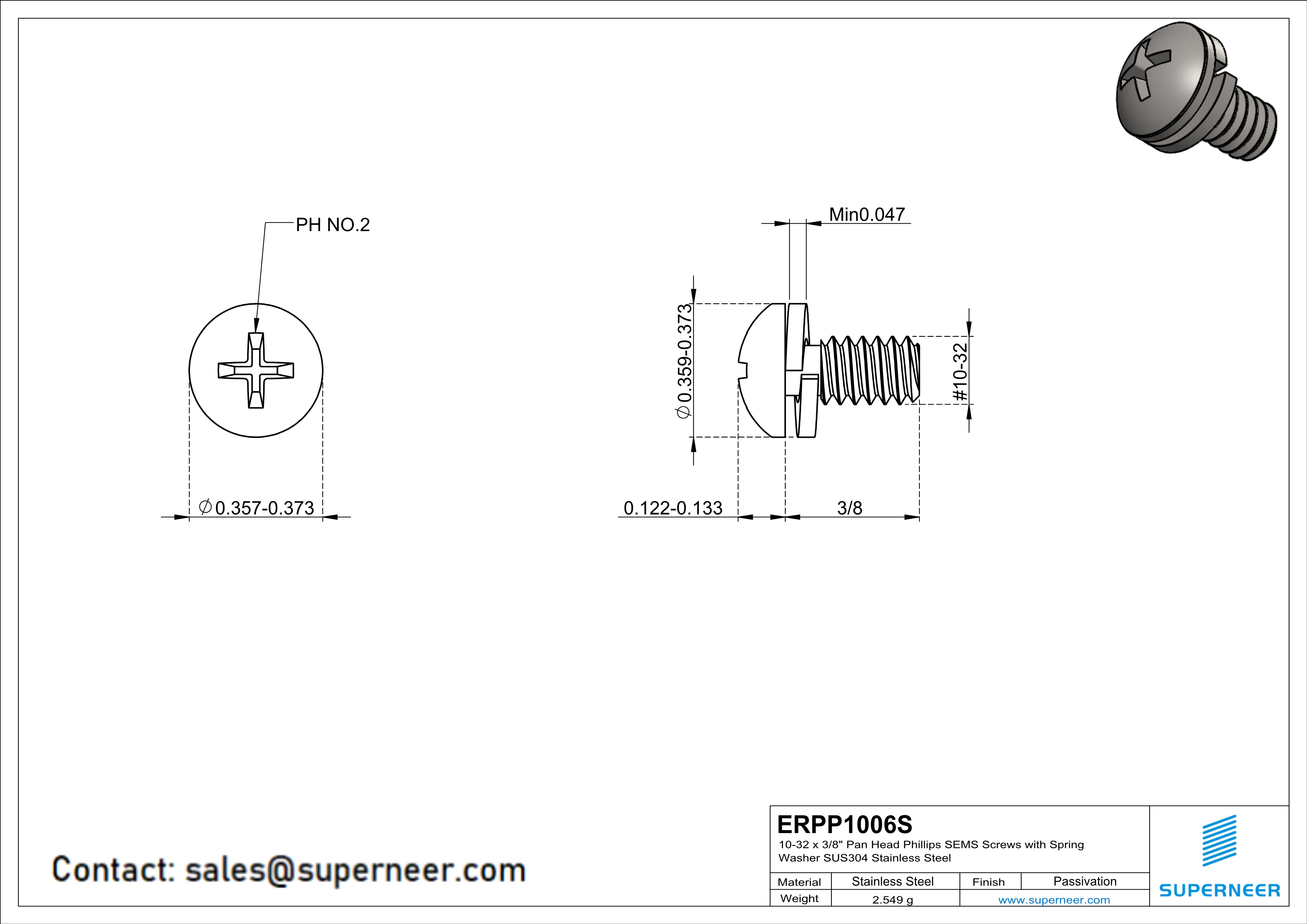 10-32 x 3/8" Pan Head Phillips SEMS Screws with Spring Washer SUS304 Stainless Steel Inox