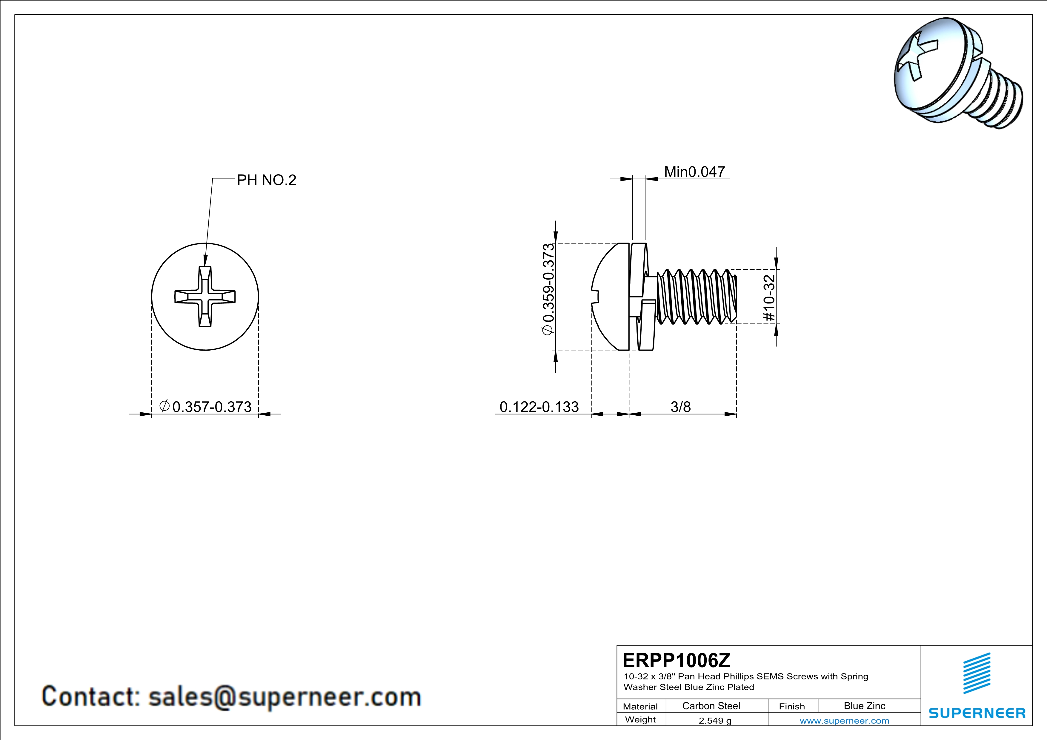 10-32 x 3/8" Pan Head Phillips SEMS Screws with Spring Washer Steel Blue Zinc Plated