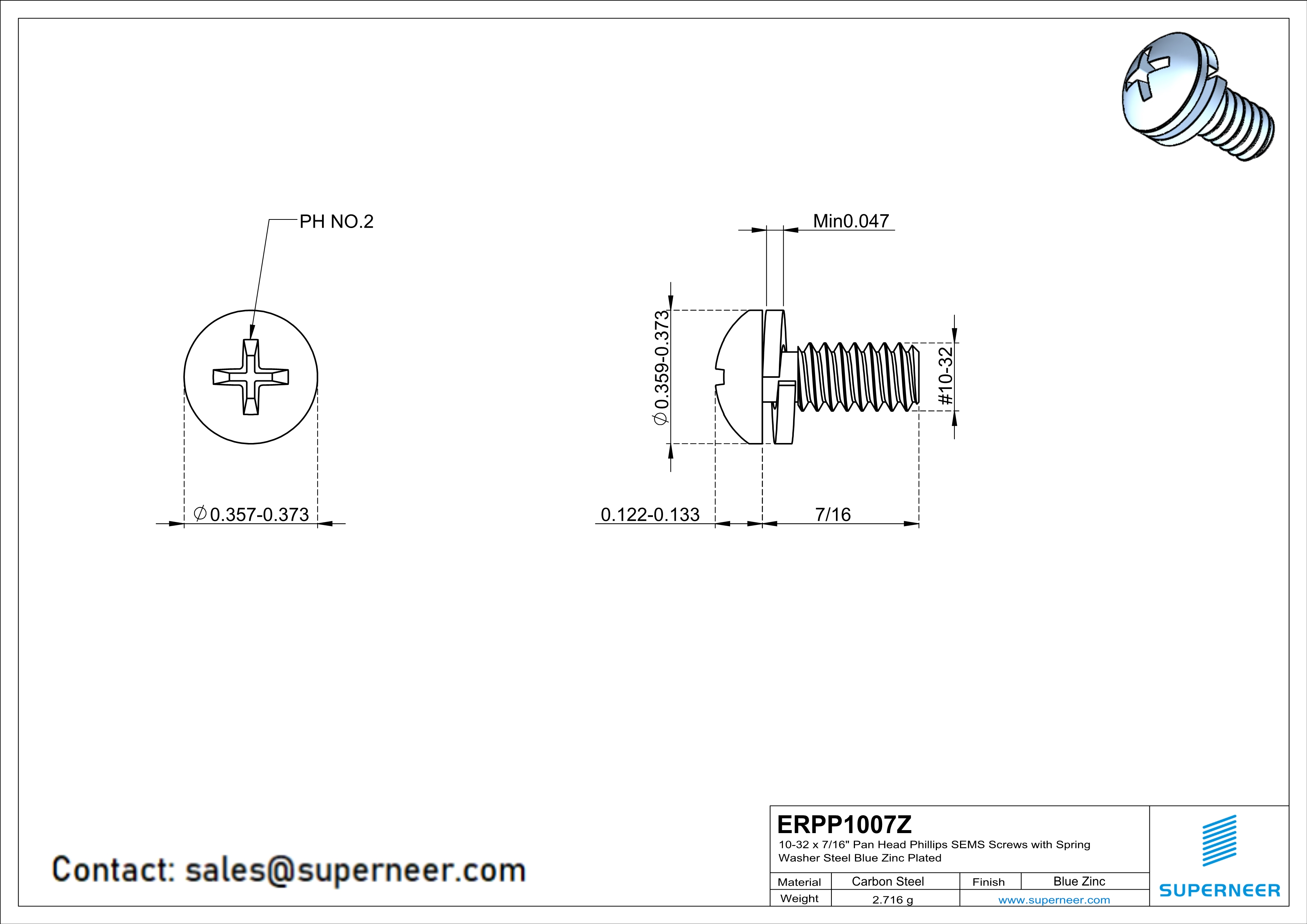 10-32 x 7/16" Pan Head Phillips SEMS Screws with Spring Washer Steel Blue Zinc Plated