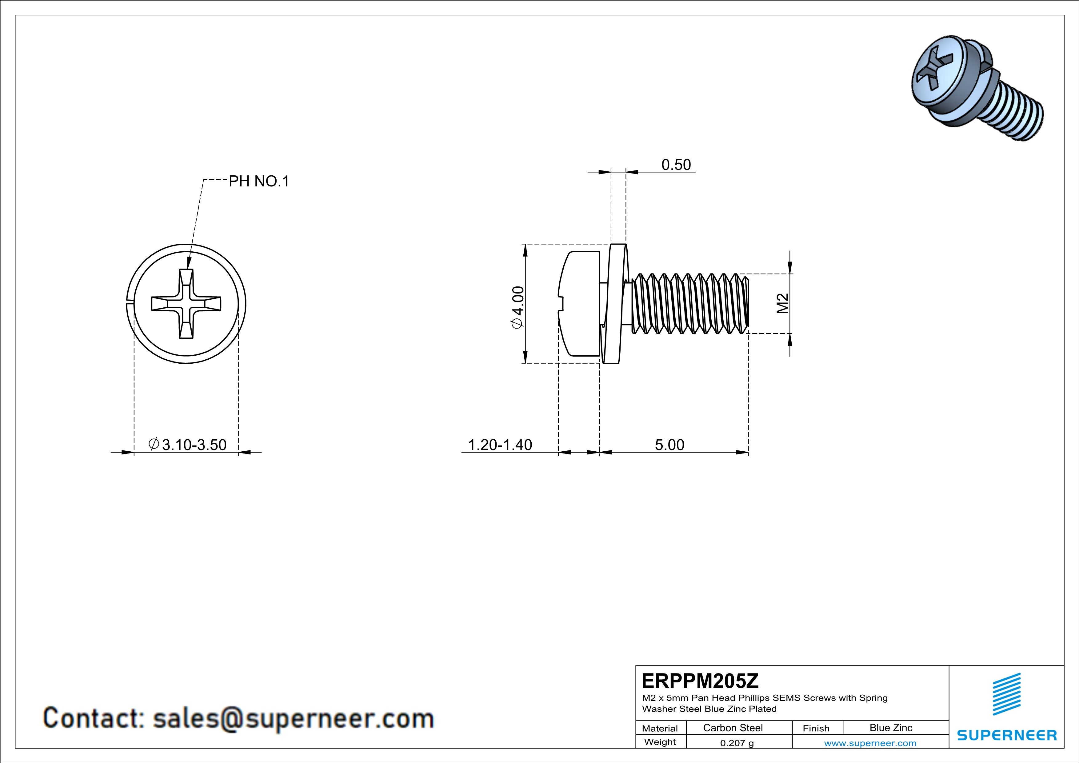 M2 x 5mm Pan Head Phillips SEMS Screws with Spring Washer Steel Blue Zinc Plated