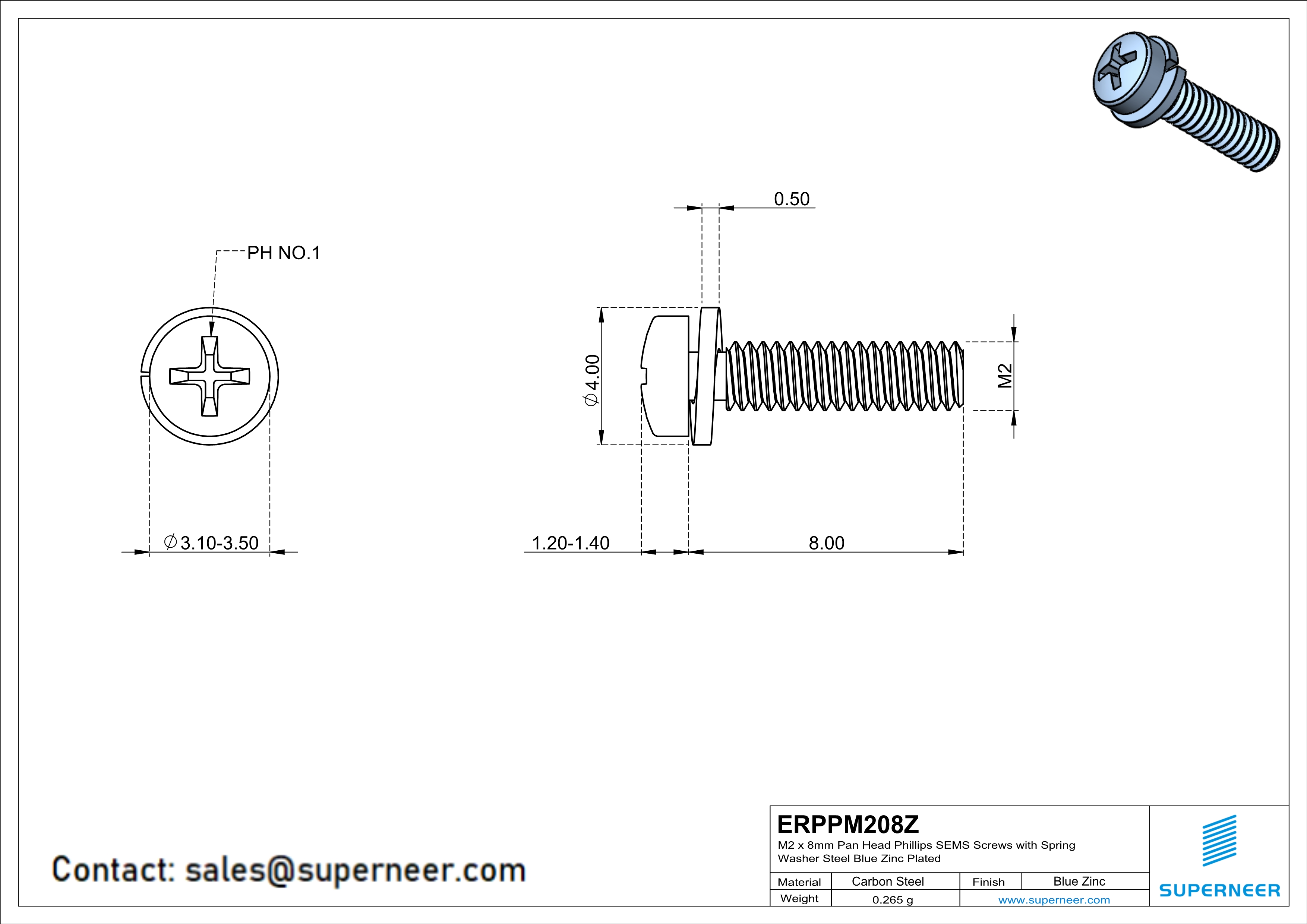 M2 x 8mm Pan Head Phillips SEMS Screws with Spring Washer Steel Blue Zinc Plated