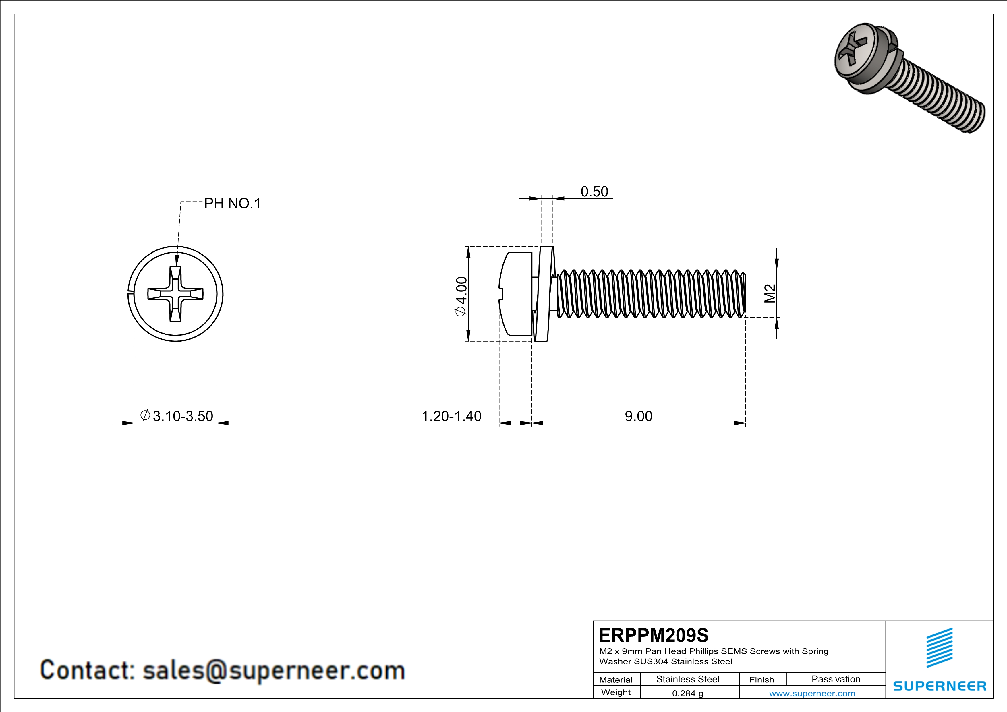 M2 x 9mm Pan Head Phillips SEMS Screws with Spring Washer SUS304 Stainless Steel Inox