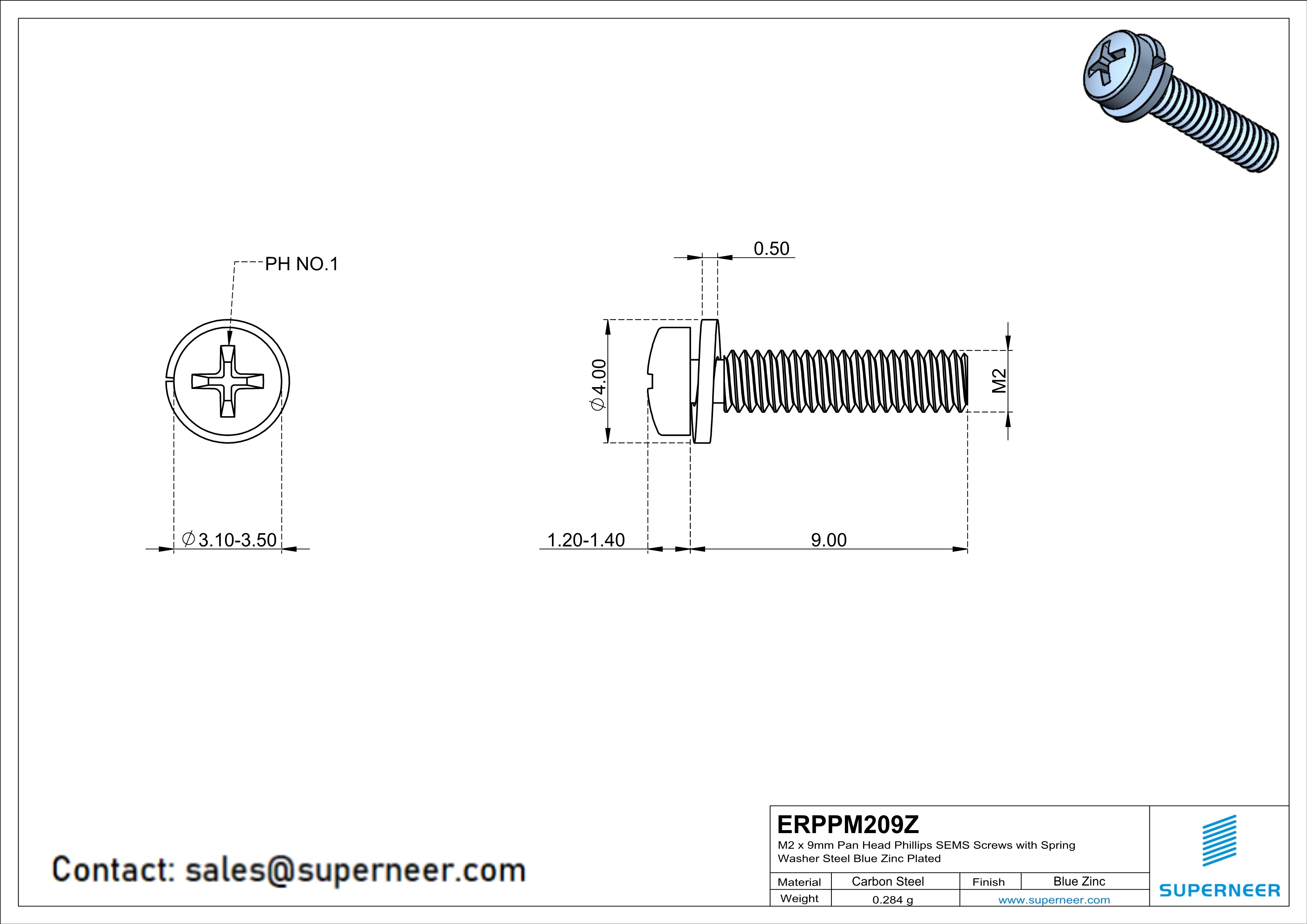 M2 x 9mm Pan Head Phillips SEMS Screws with Spring Washer Steel Blue Zinc Plated