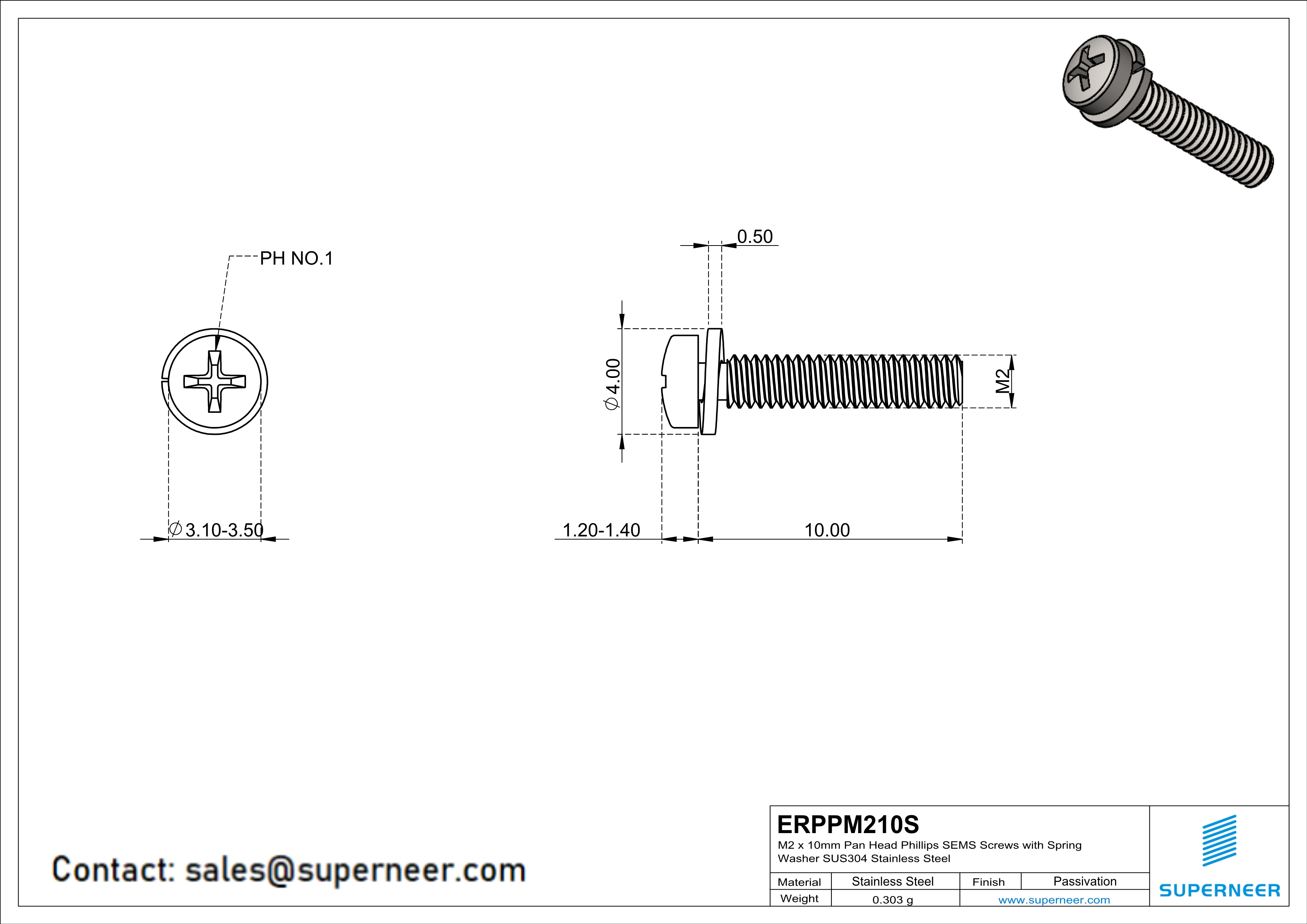 M2 x 10mm Pan Head Phillips SEMS Screws with Spring Washer SUS304 Stainless Steel Inox