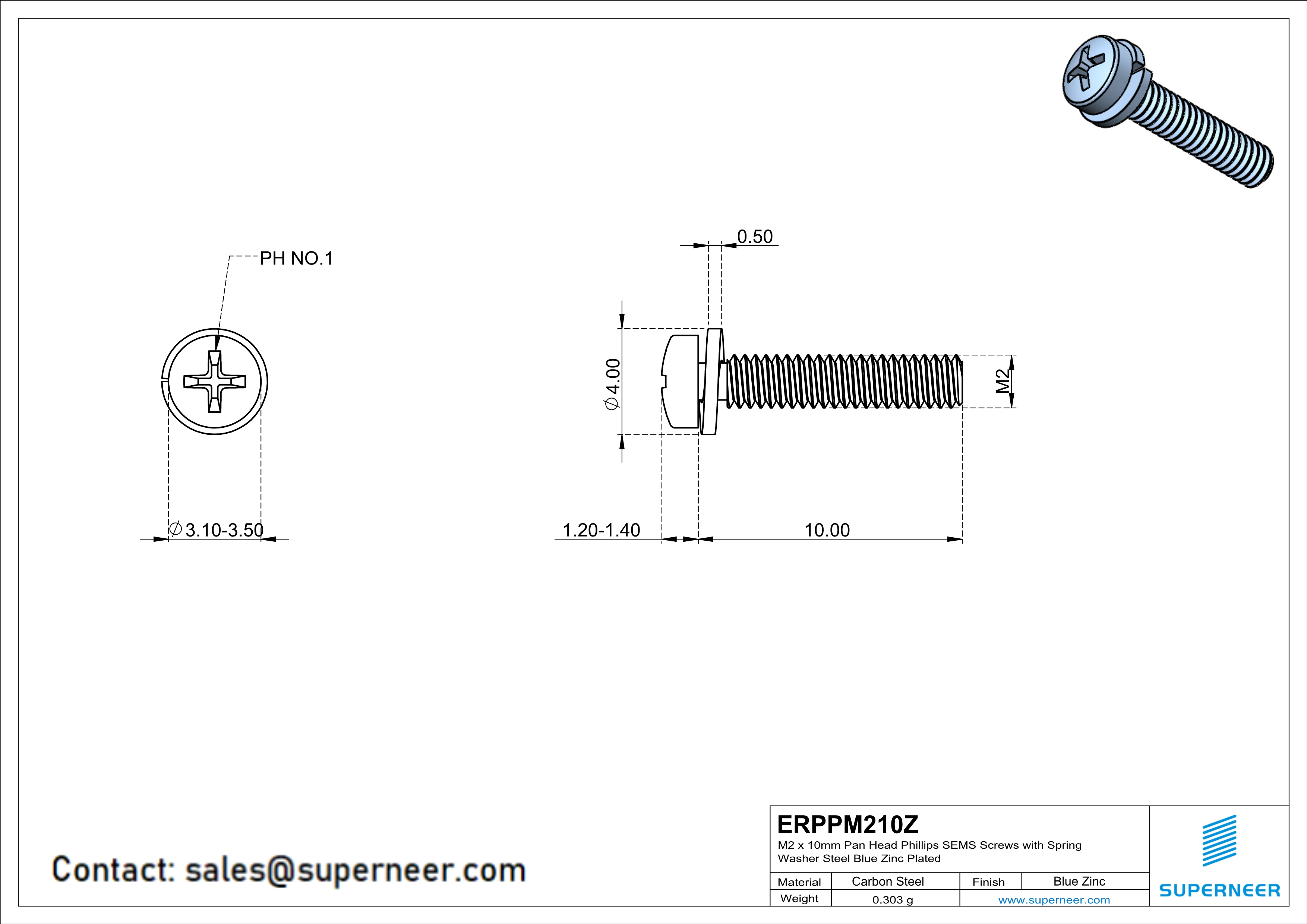 M2 x 10mm Pan Head Phillips SEMS Screws with Spring Washer Steel Blue Zinc Plated