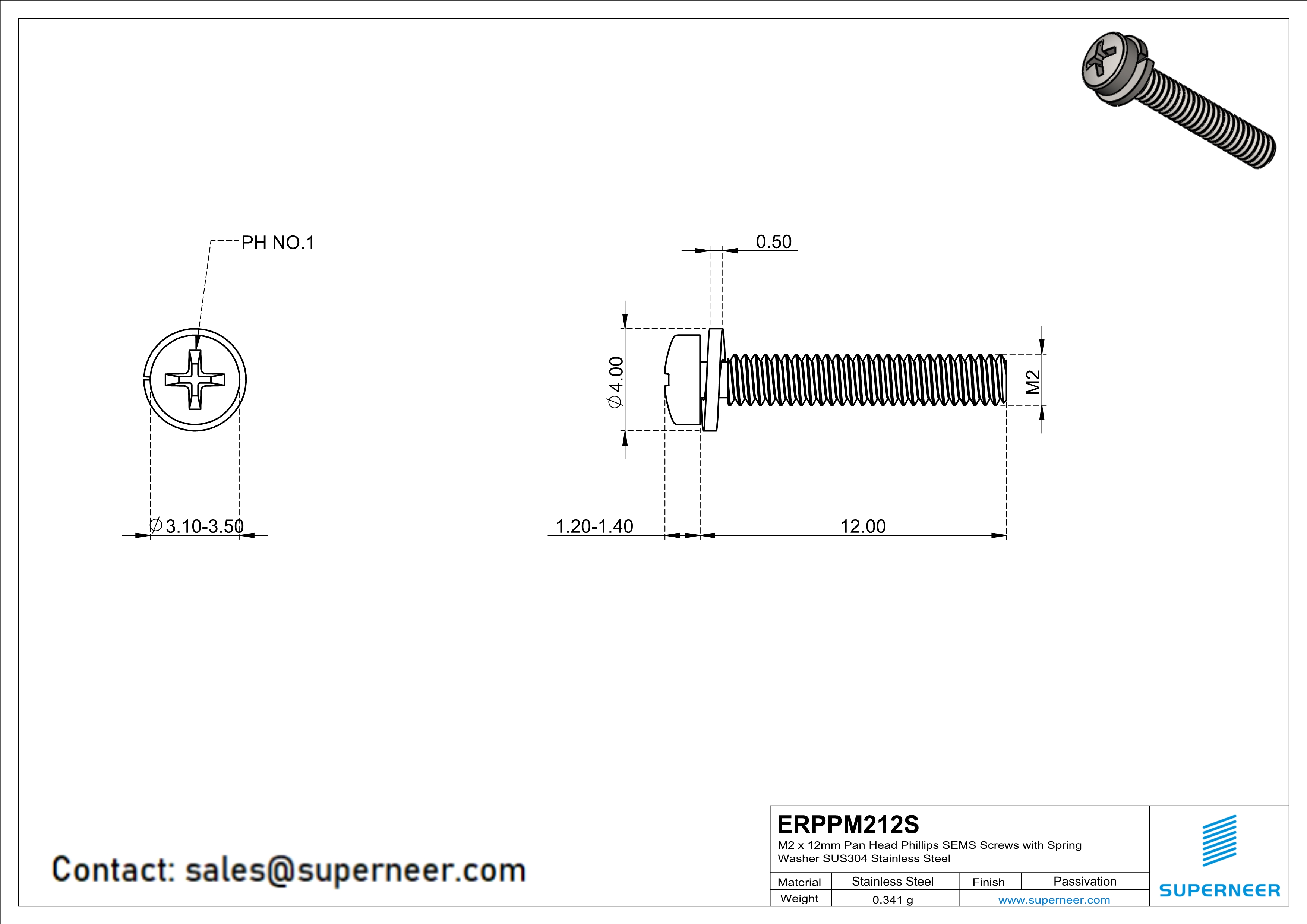 M2 x 12mm Pan Head Phillips SEMS Screws with Spring Washer SUS304 Stainless Steel Inox