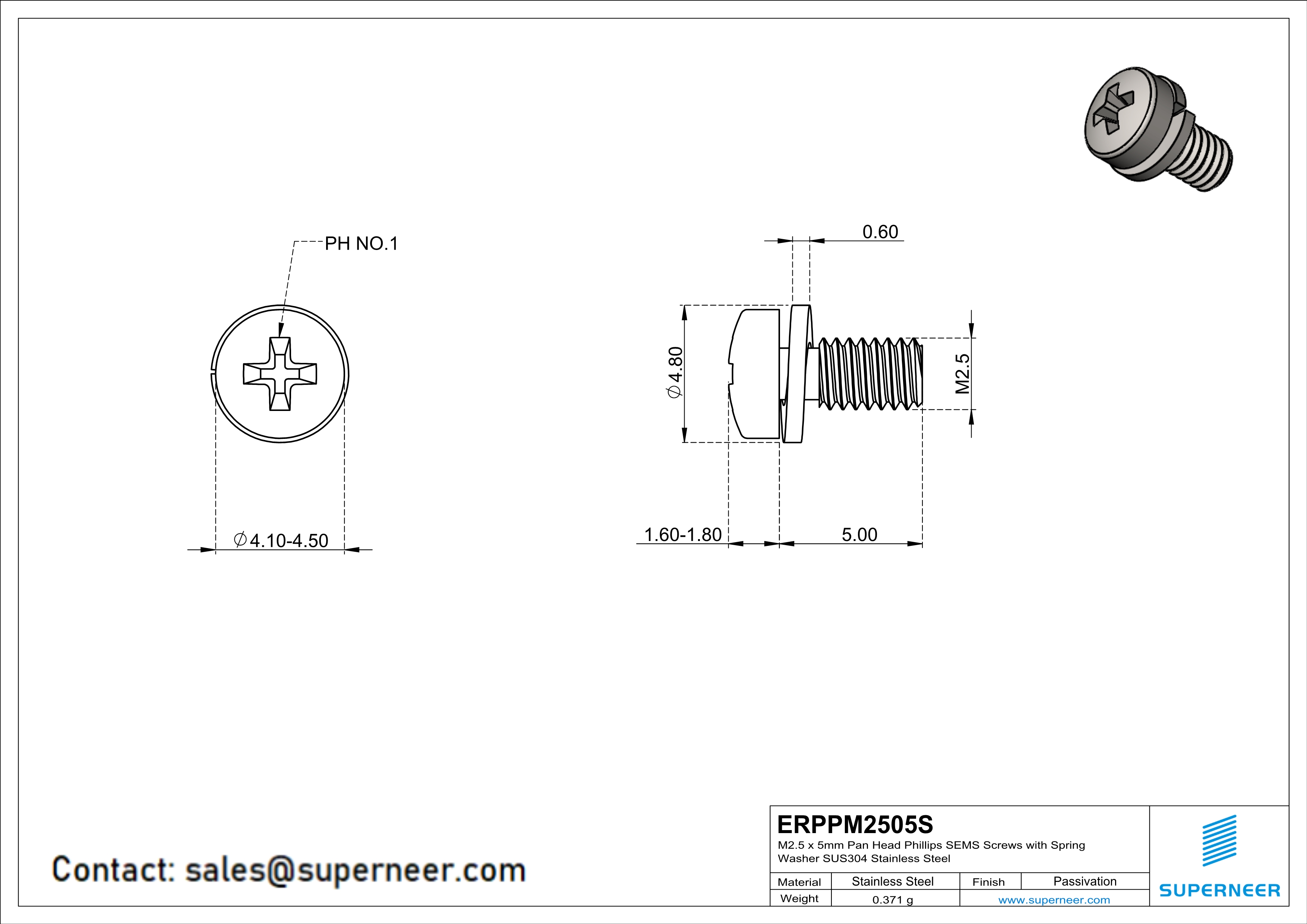 M2.5 x 5mm Pan Head Phillips SEMS Screws with Spring Washer SUS304 Stainless Steel Inox