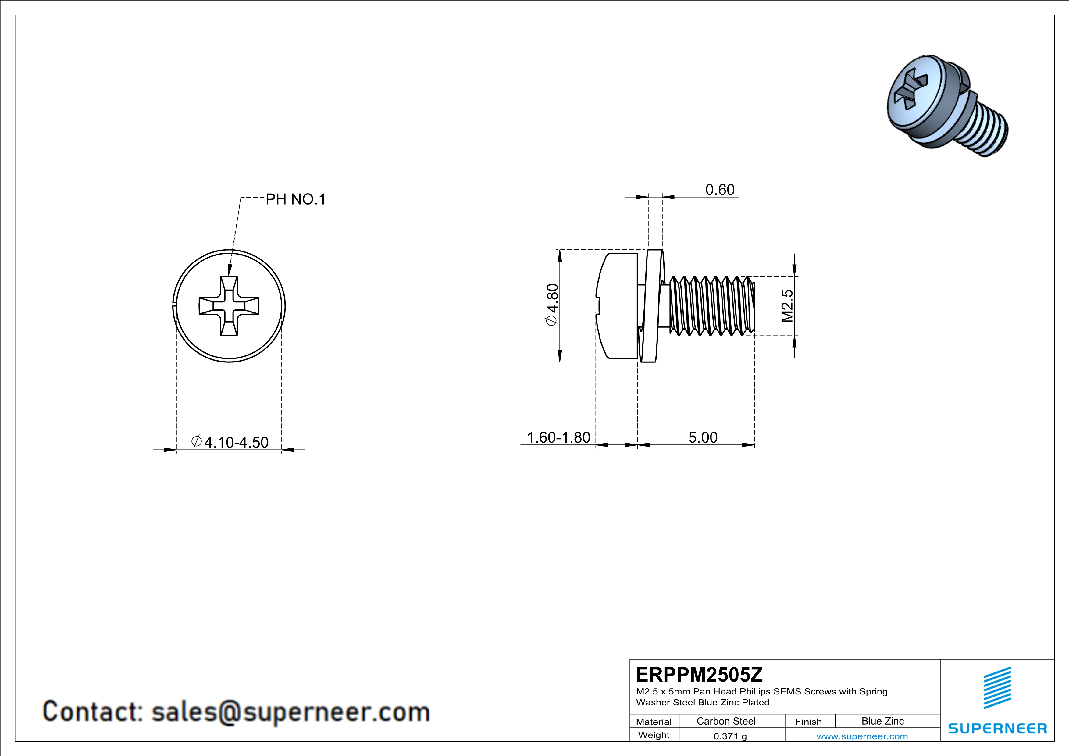 M2.5 x 5mm Pan Head Phillips SEMS Screws with Spring Washer Steel Blue Zinc Plated