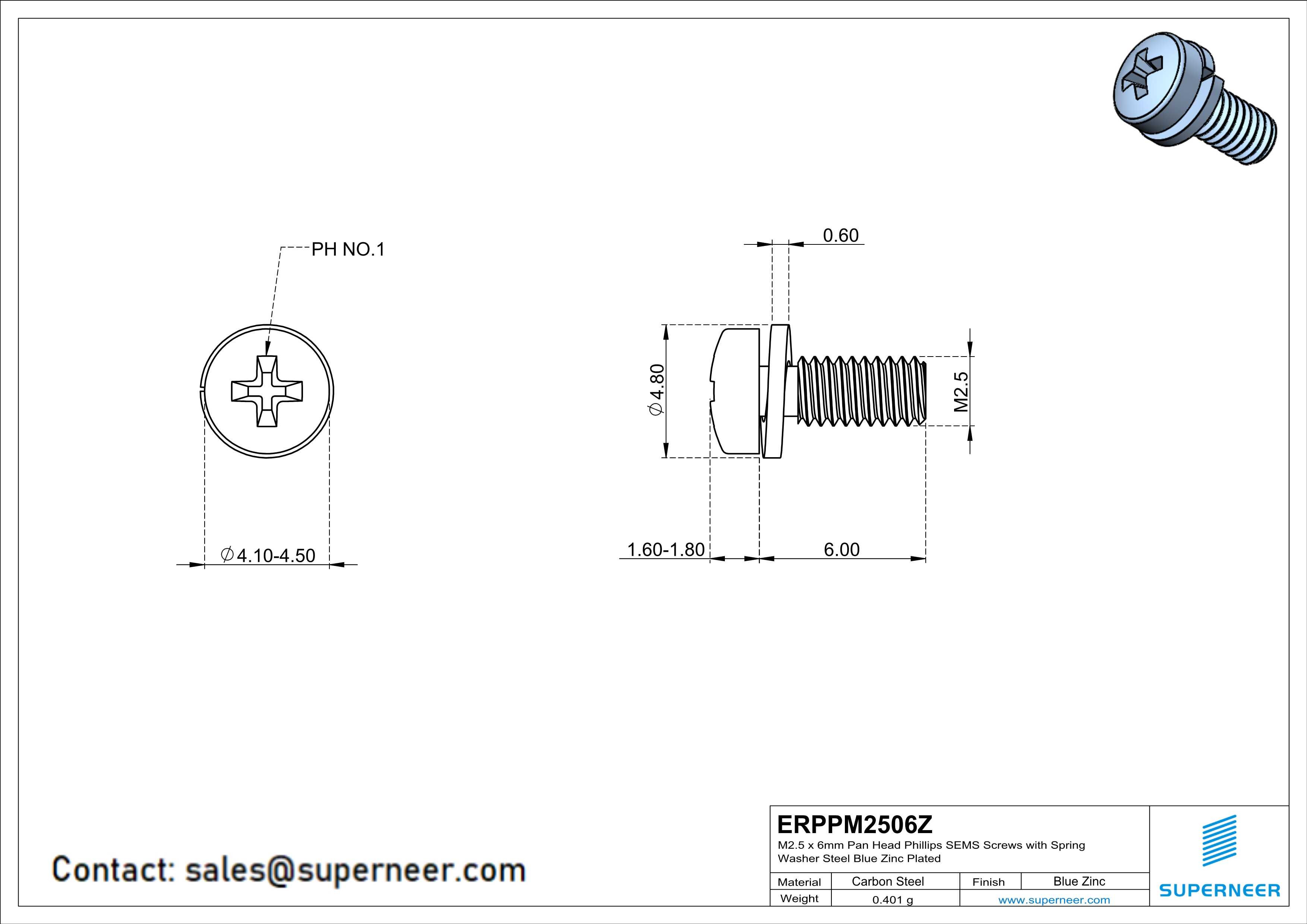 M2.5 x 6mm Pan Head Phillips SEMS Screws with Spring Washer Steel Blue Zinc Plated