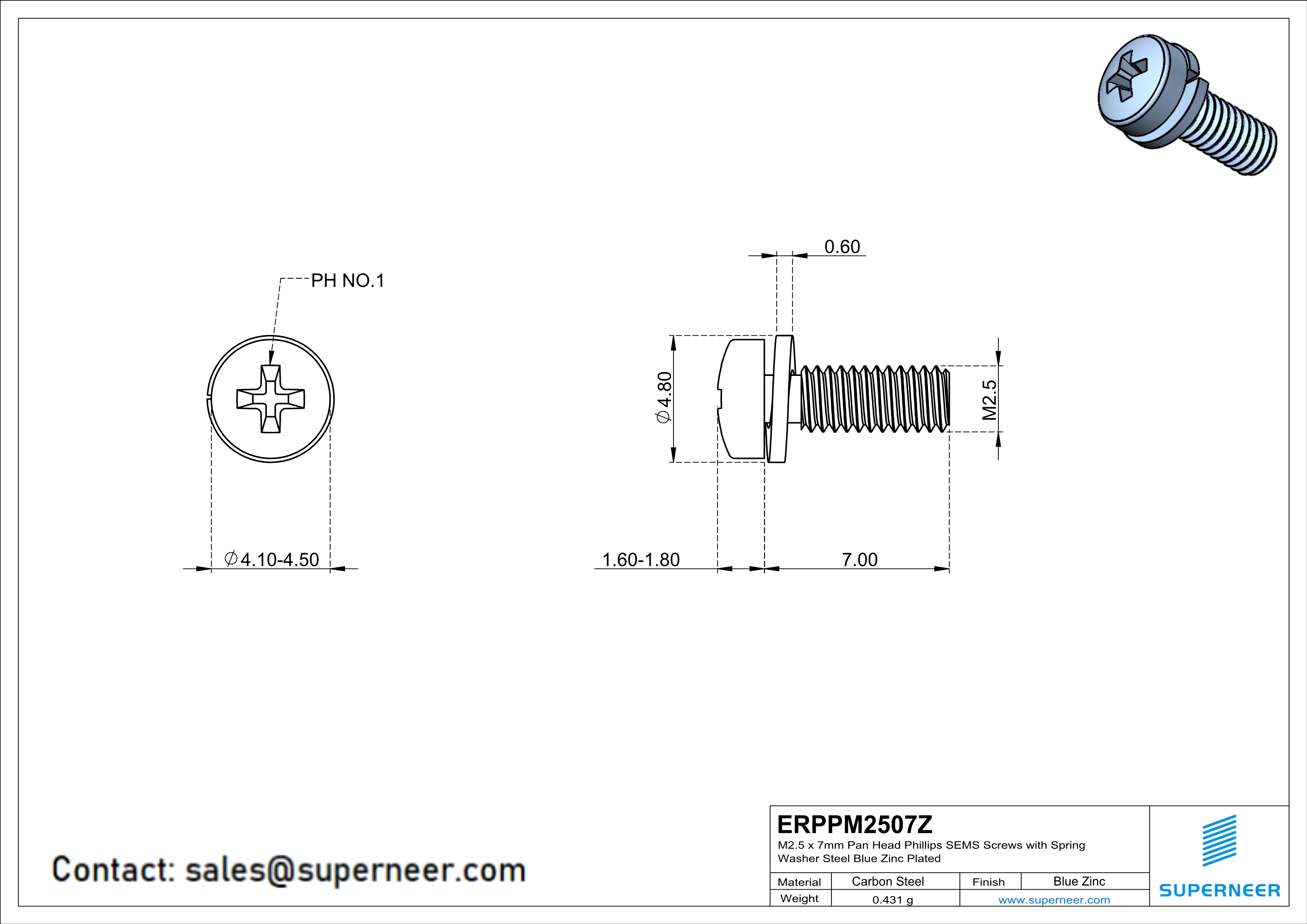 M2.5 x 7mm Pan Head Phillips SEMS Screws with Spring Washer Steel Blue Zinc Plated