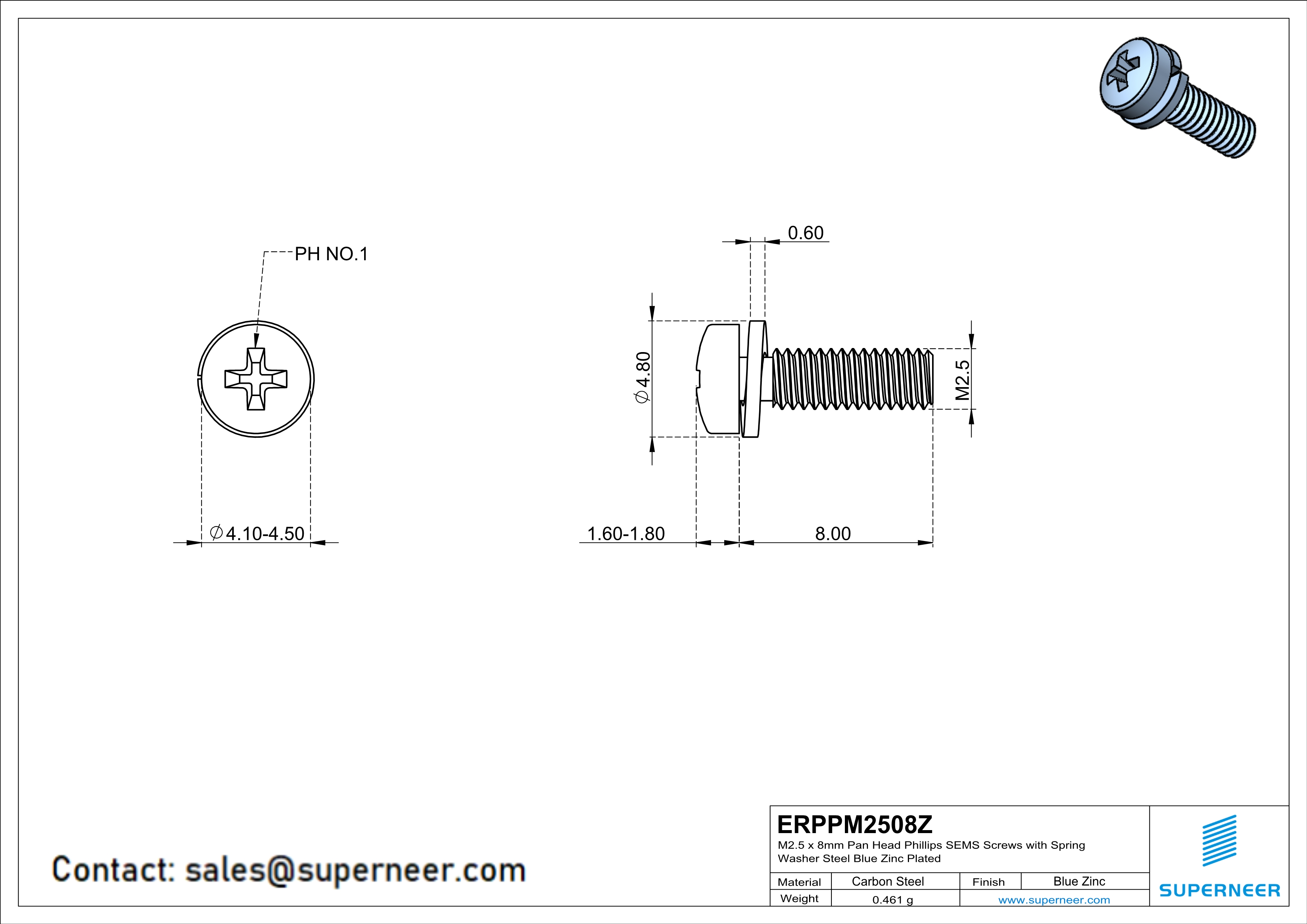 M2.5 x 8mm Pan Head Phillips SEMS Screws with Spring Washer Steel Blue Zinc Plated