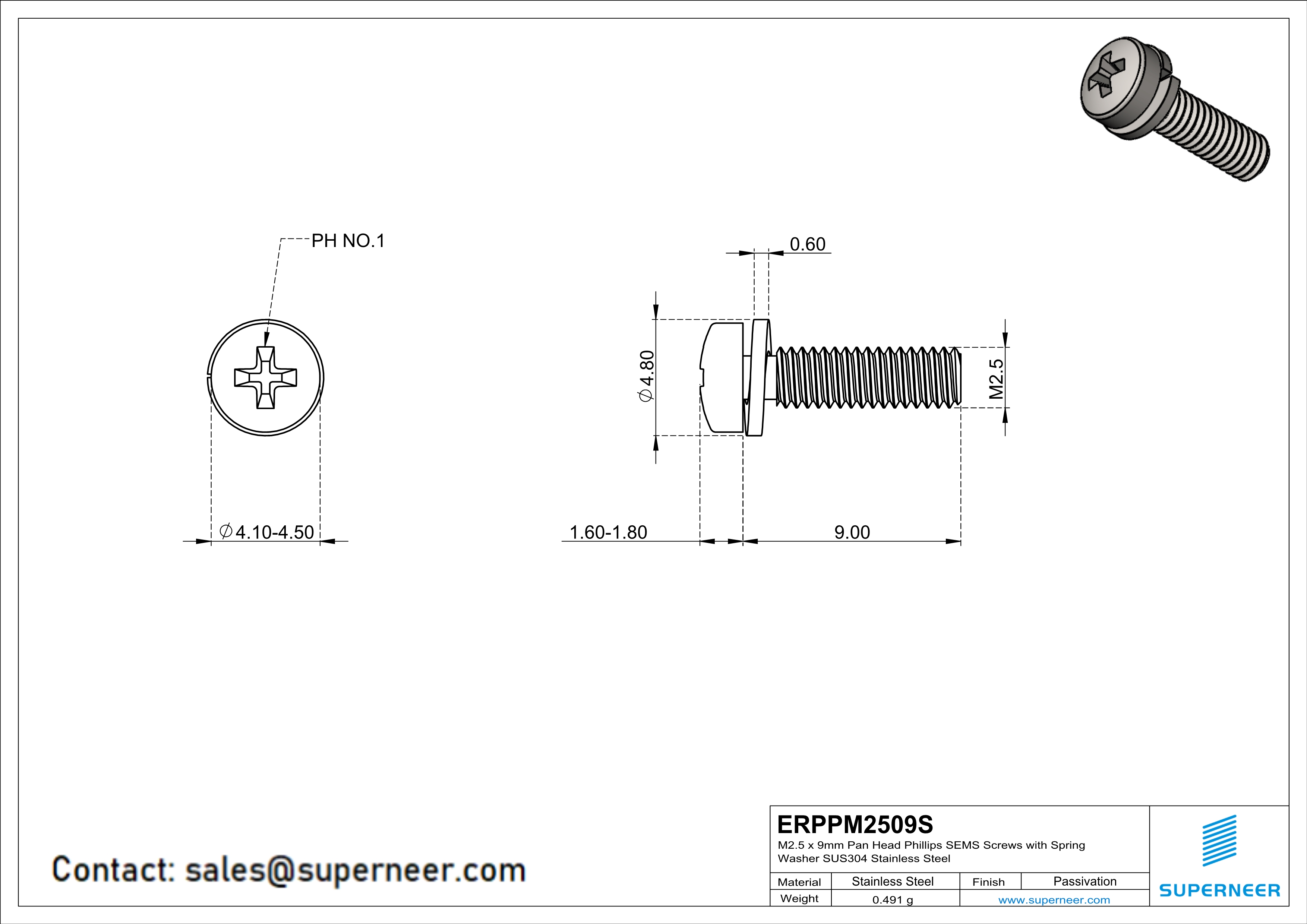 M2.5 x 9mm Pan Head Phillips SEMS Screws with Spring Washer SUS304 Stainless Steel Inox