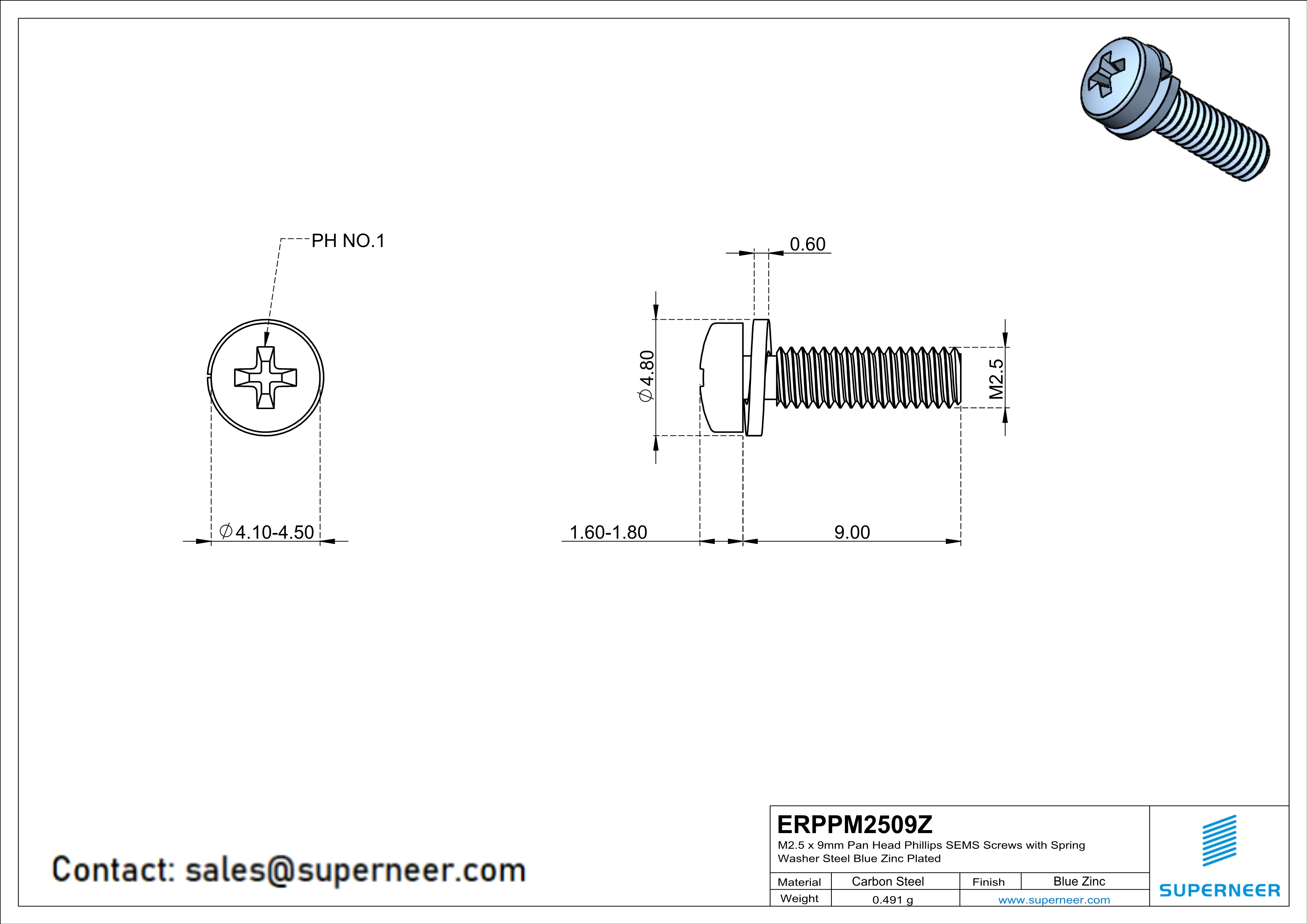 M2.5 x 9mm Pan Head Phillips SEMS Screws with Spring Washer Steel Blue Zinc Plated