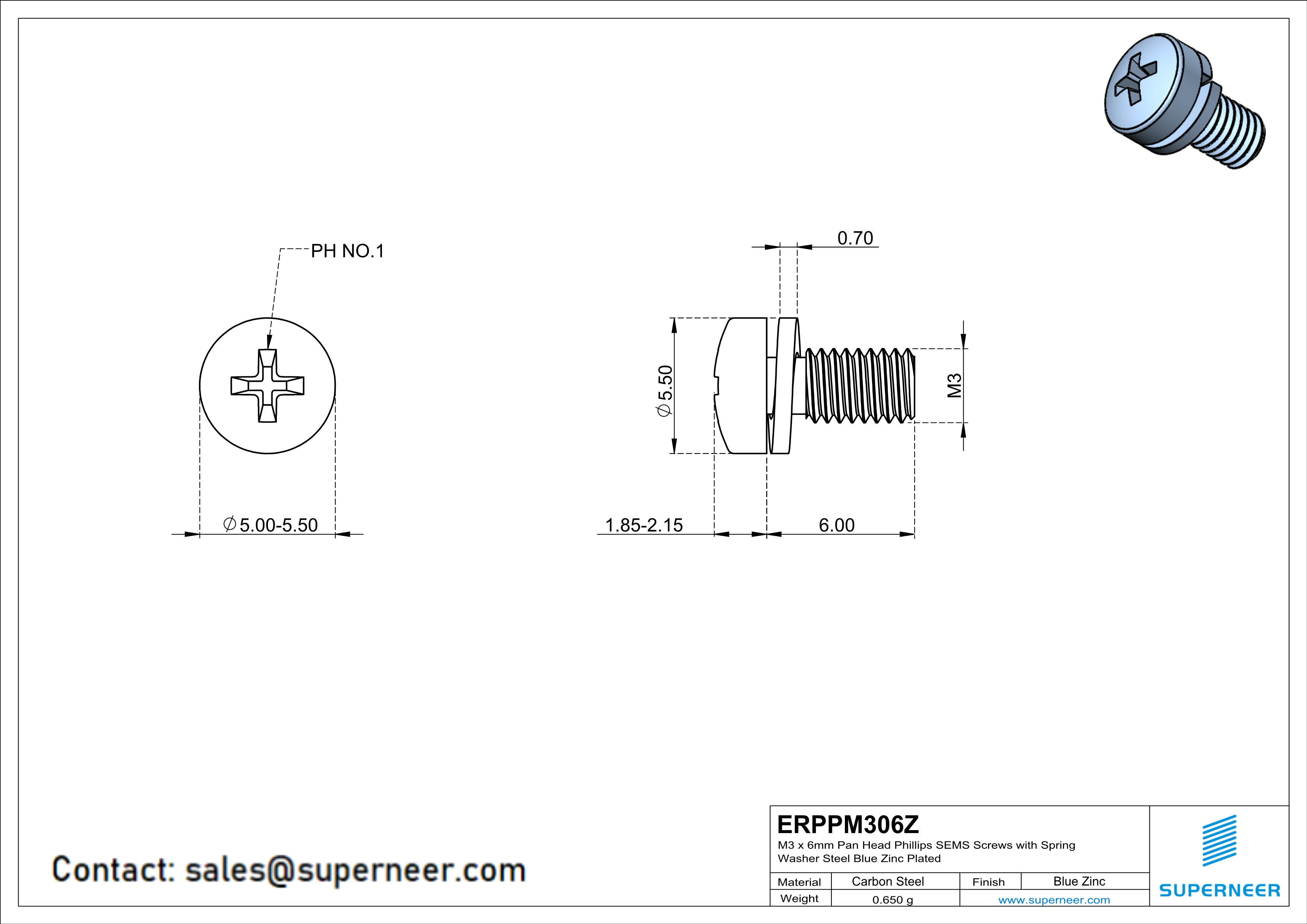 M3 x 6mm Pan Head Phillips SEMS Screws with Spring Washer Steel Blue Zinc Plated