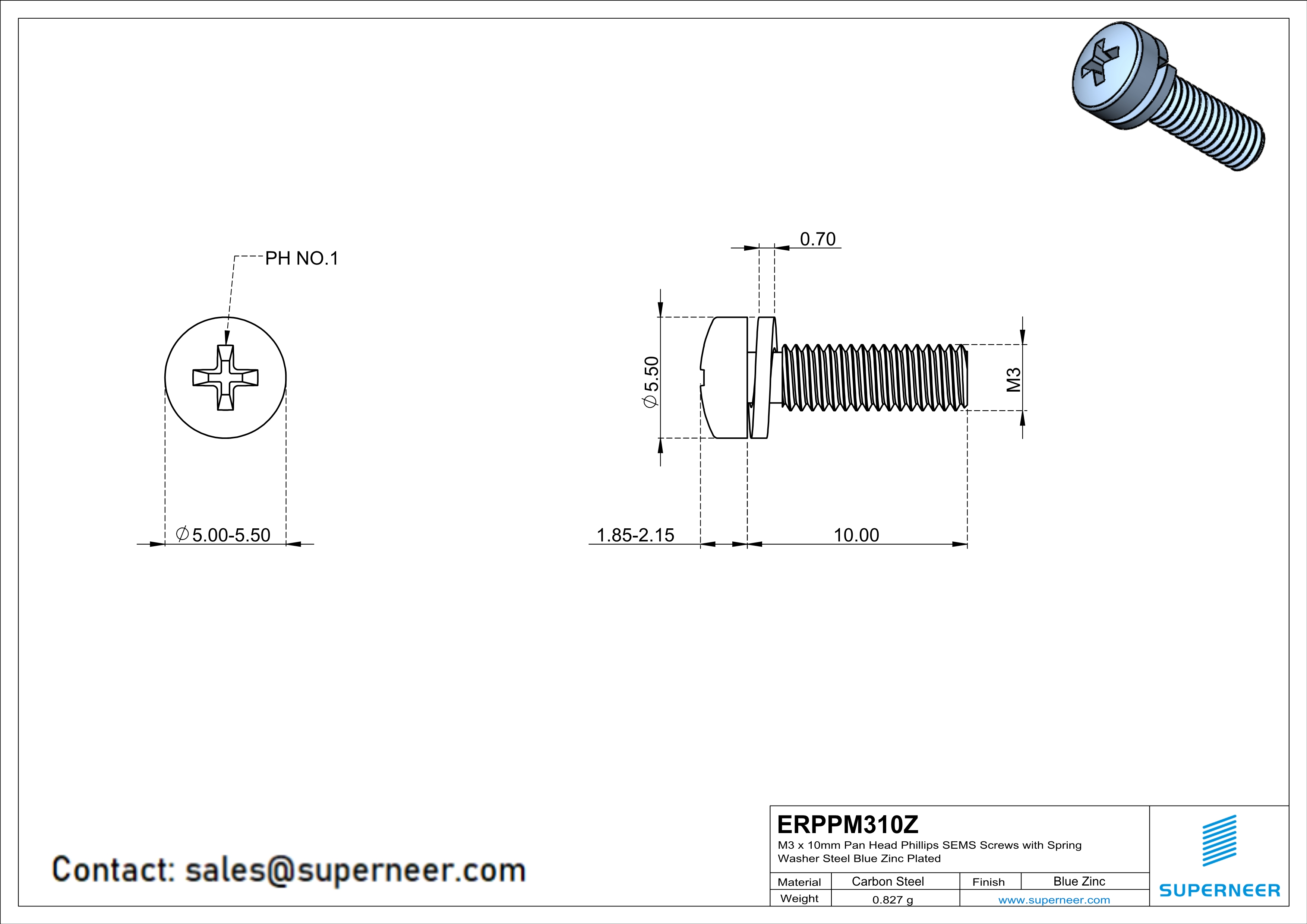 M3 x 10mm Pan Head Phillips SEMS Screws with Spring Washer Steel Blue Zinc Plated