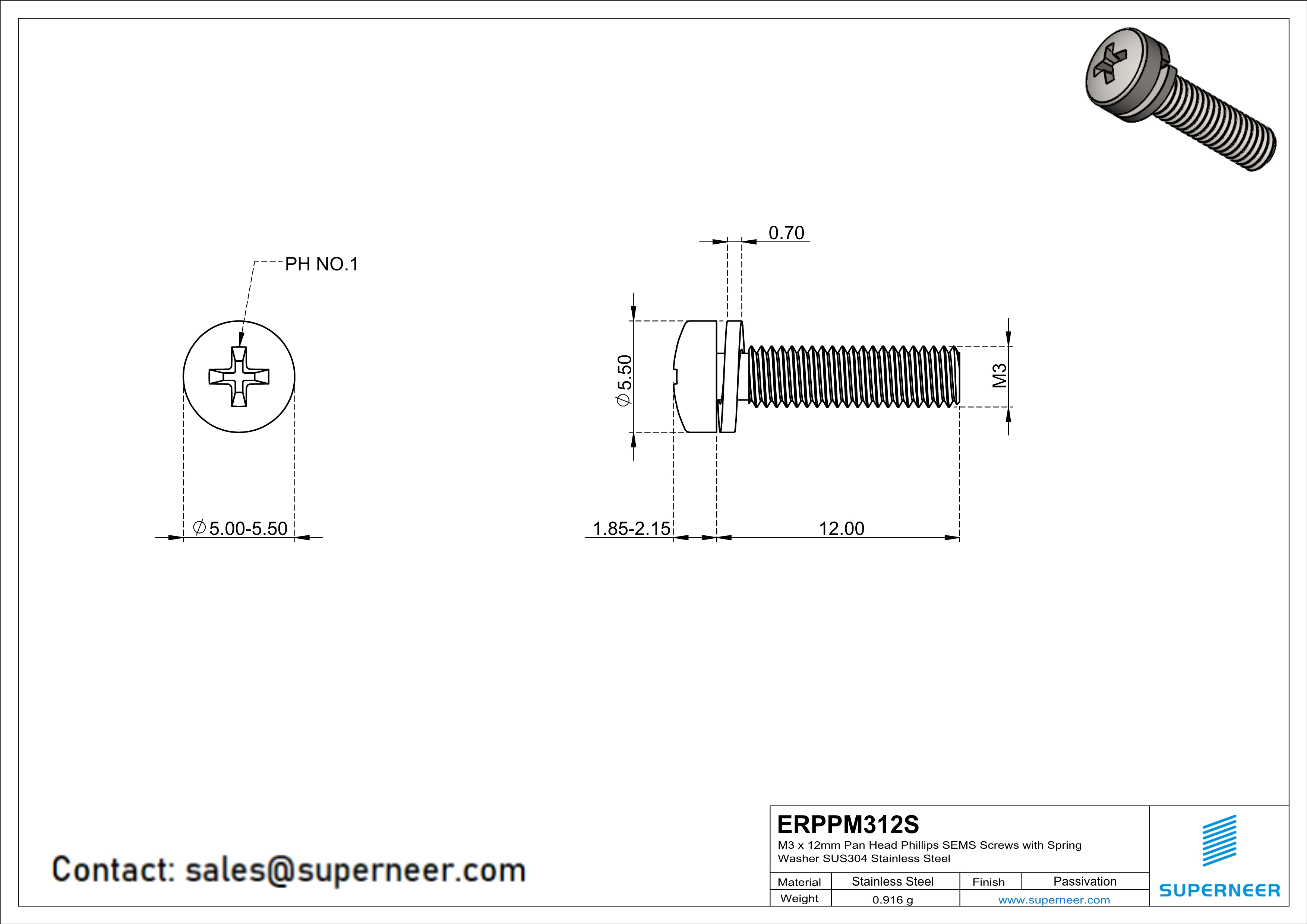 M3 x 12mm Pan Head Phillips SEMS Screws with Spring Washer SUS304 Stainless Steel Inox