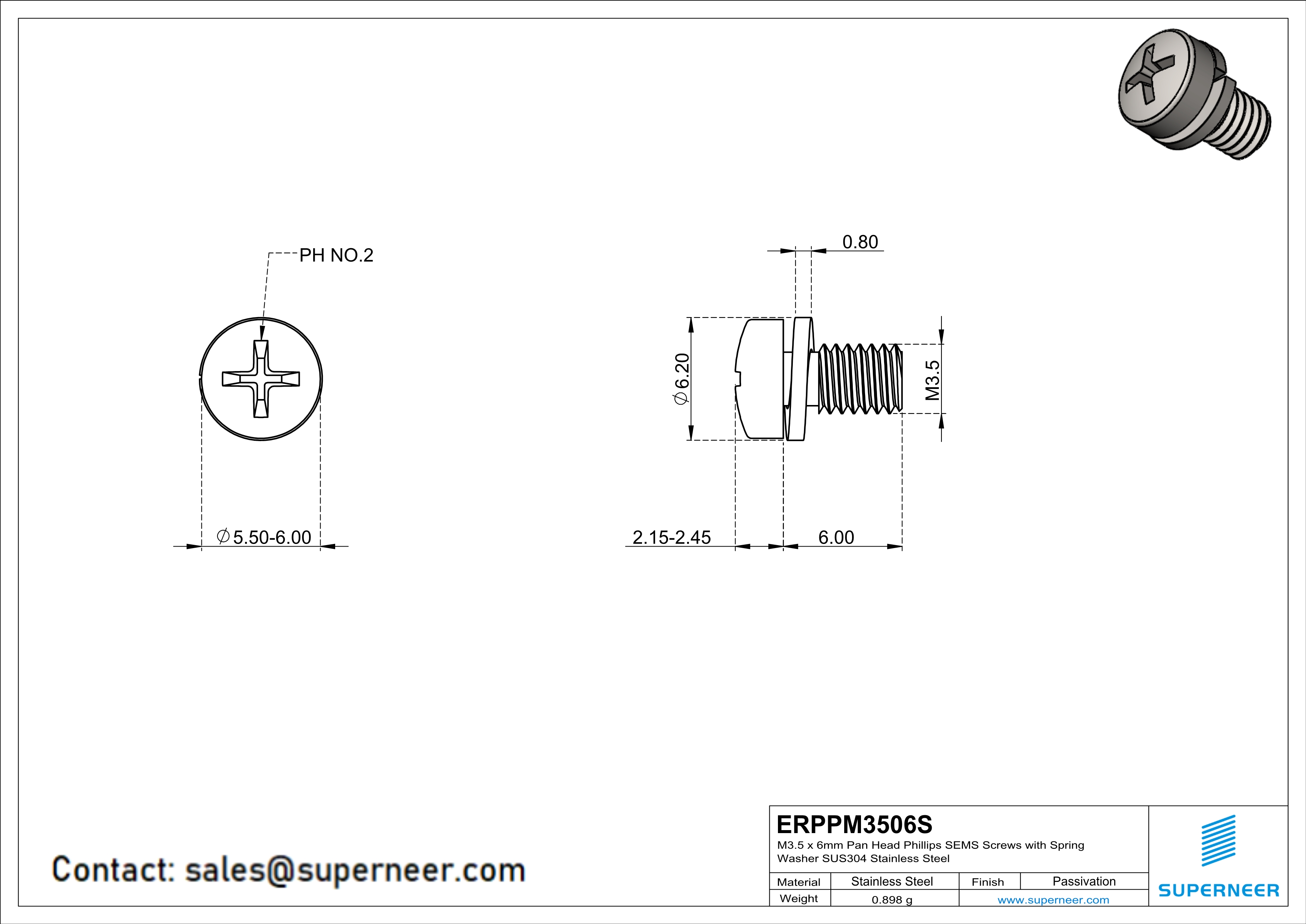 M3.5 x 6mm Pan Head Phillips SEMS Screws with Spring Washer SUS304 Stainless Steel Inox