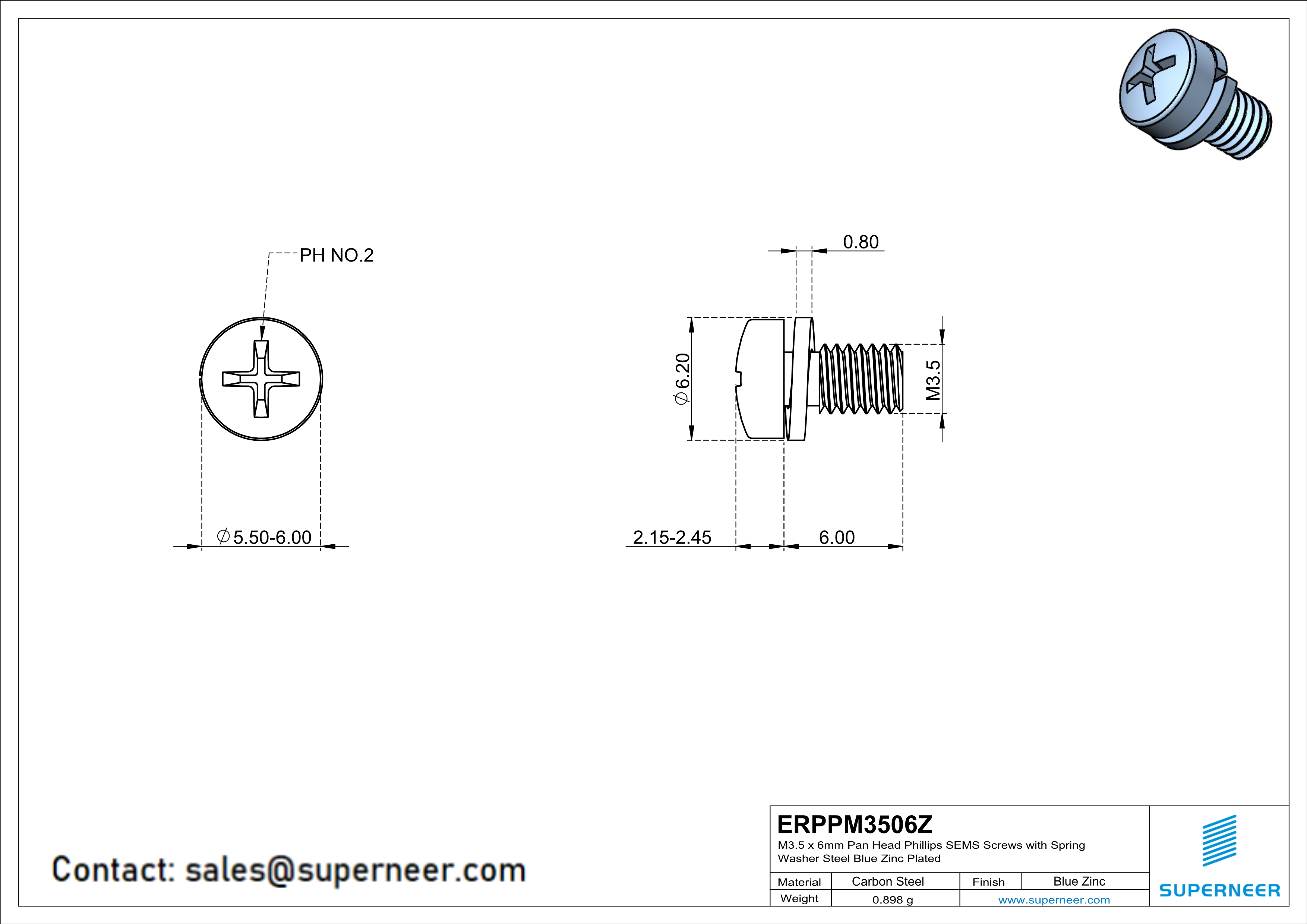 M3.5 x 6mm Pan Head Phillips SEMS Screws with Spring Washer Steel Blue Zinc Plated