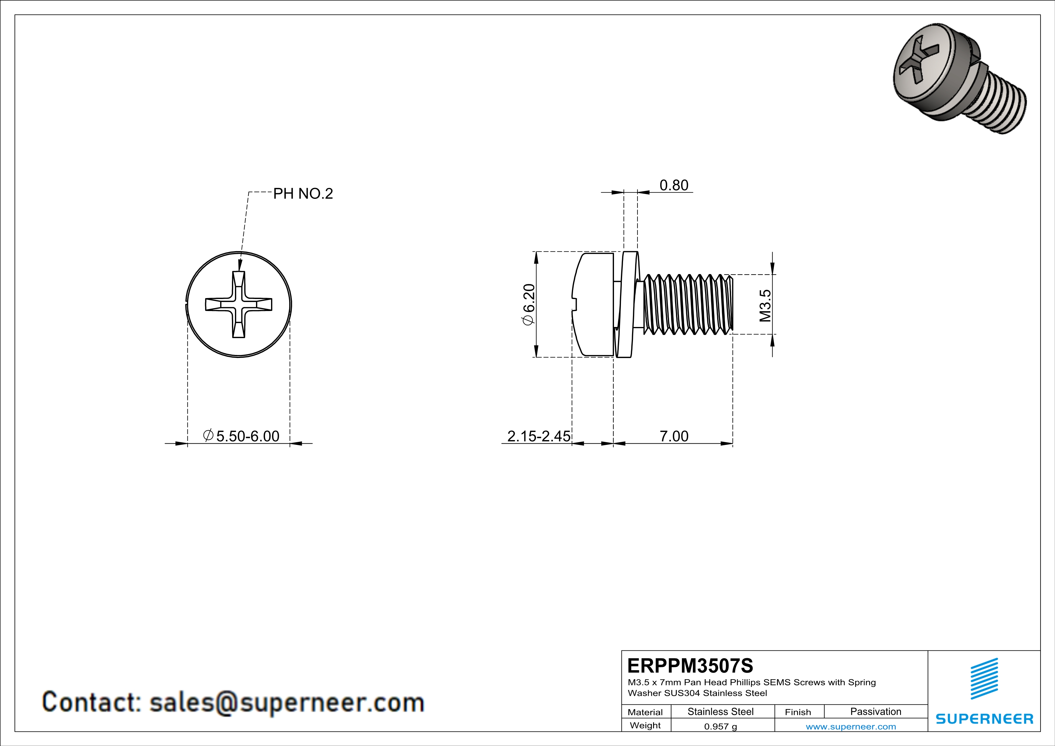 M3.5 x 7mm Pan Head Phillips SEMS Screws with Spring Washer SUS304 Stainless Steel Inox