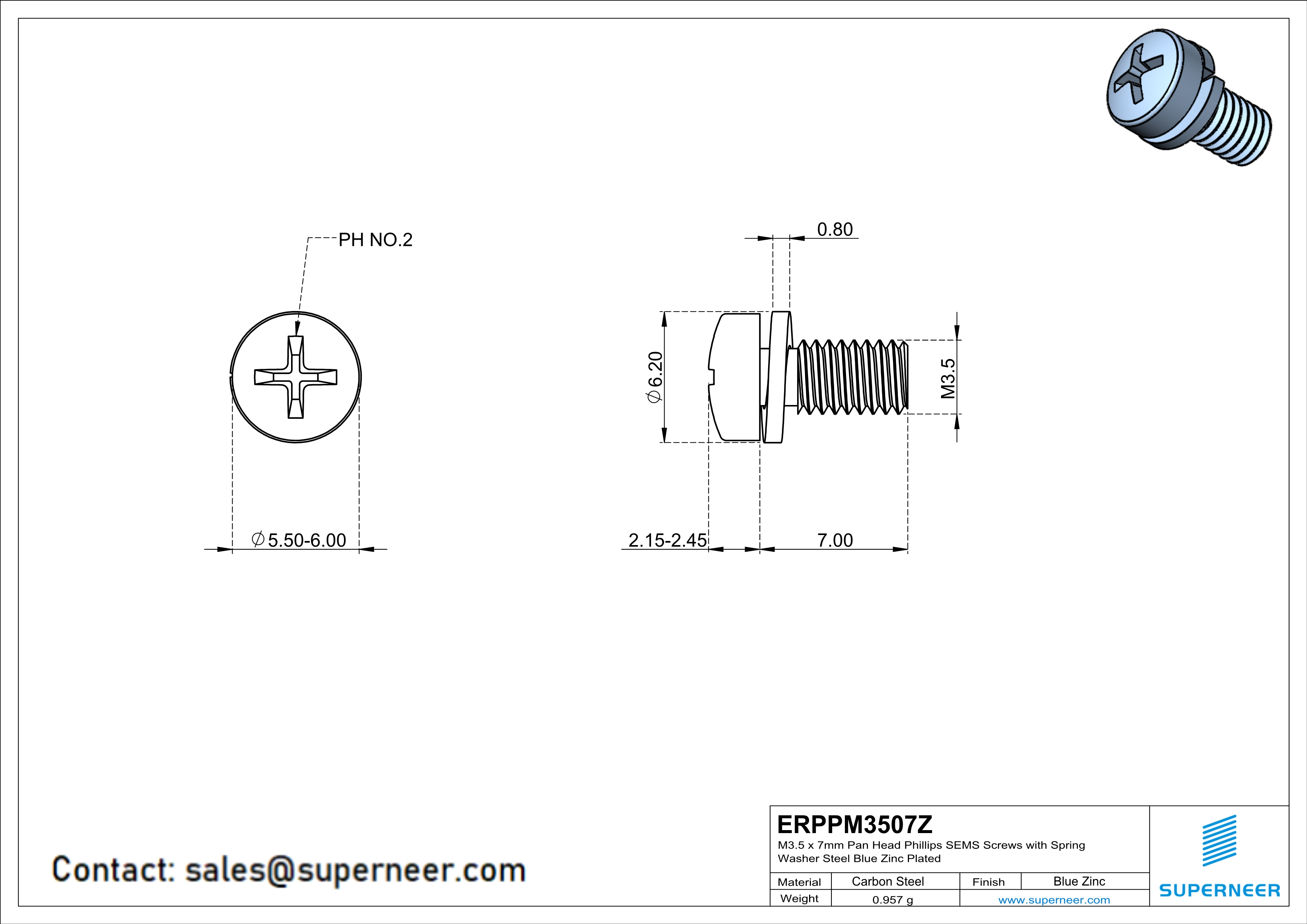 M3.5 x 7mm Pan Head Phillips SEMS Screws with Spring Washer Steel Blue Zinc Plated