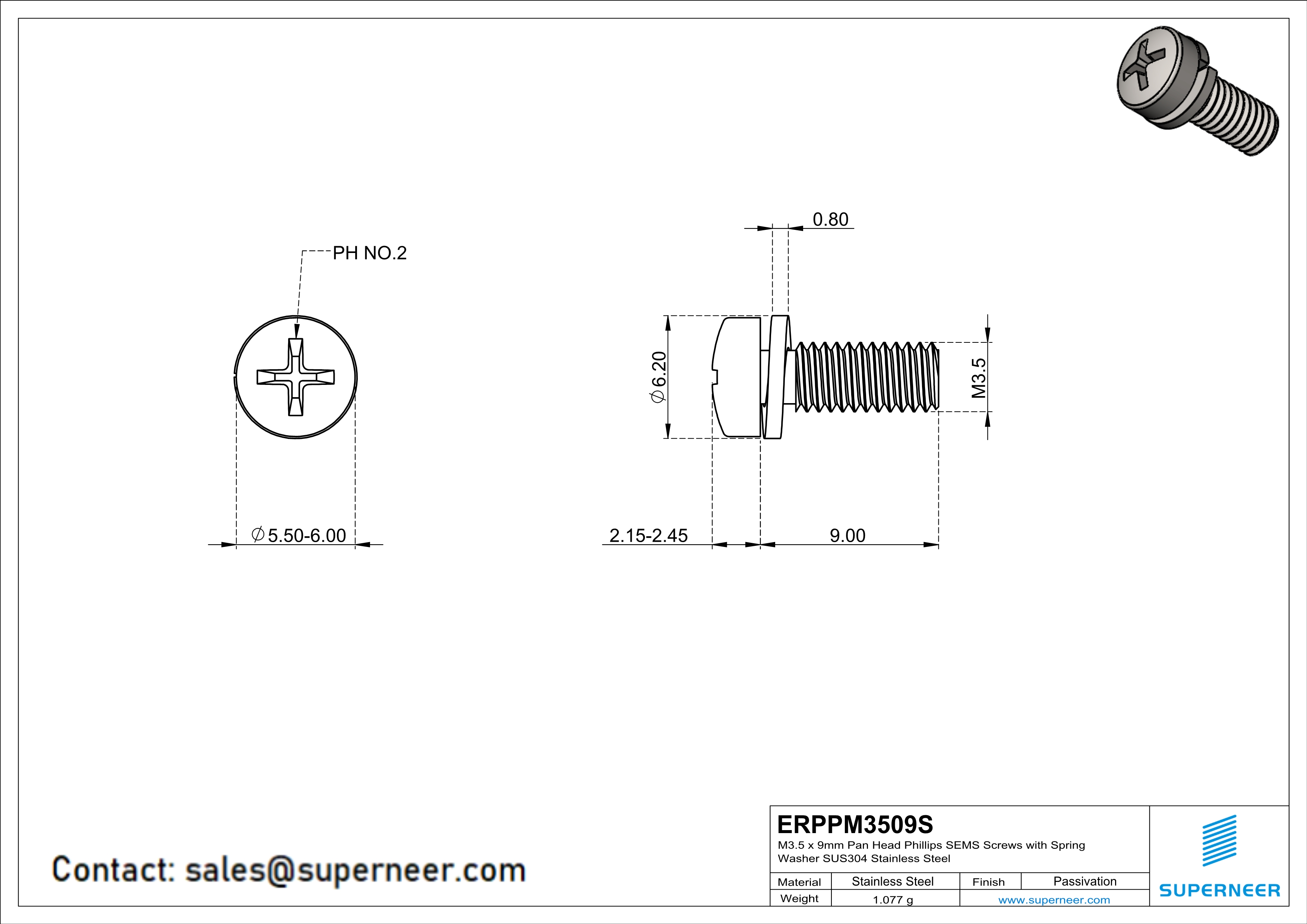 M3.5 x 9mm Pan Head Phillips SEMS Screws with Spring Washer SUS304 Stainless Steel Inox